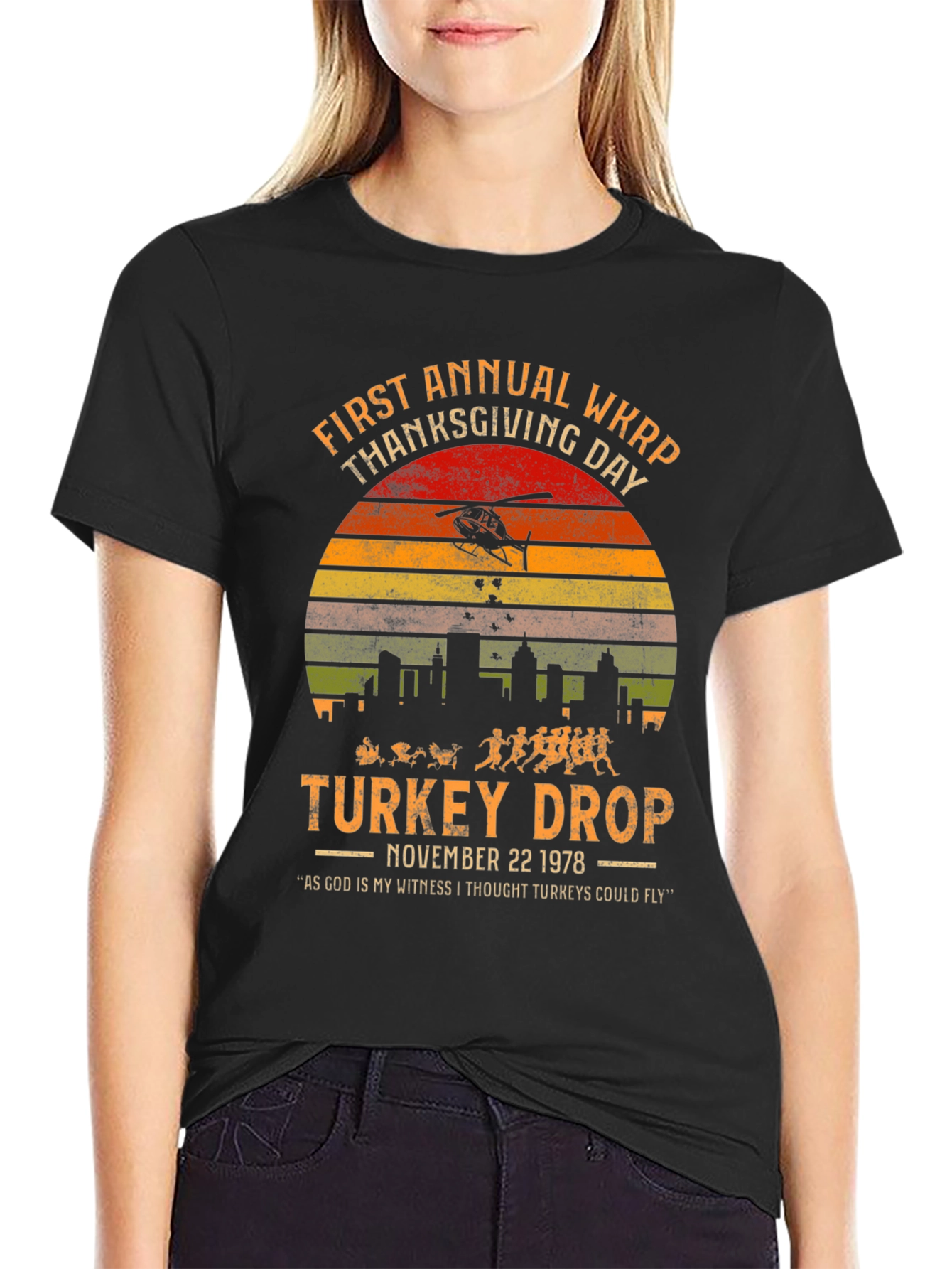 WKRP Thanksgiving Day Turkey Drop Black T-Shirt