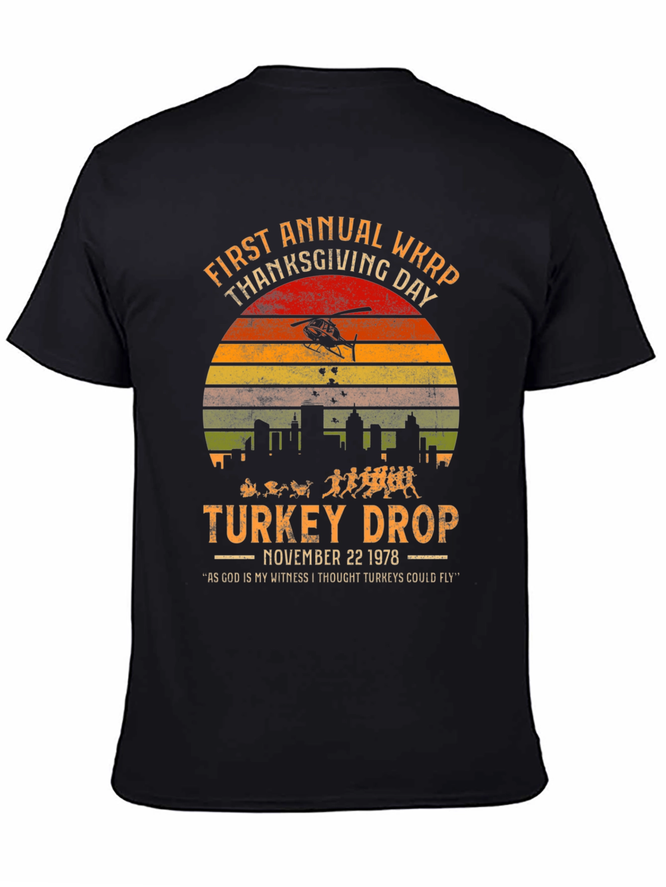 WKRP Thanksgiving Day Turkey Drop Black T-Shirt
