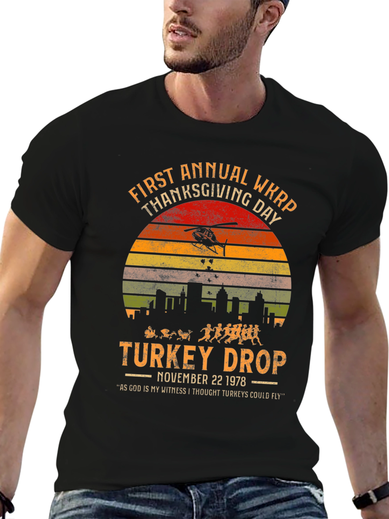 WKRP Thanksgiving Day Turkey Drop Black T-Shirt