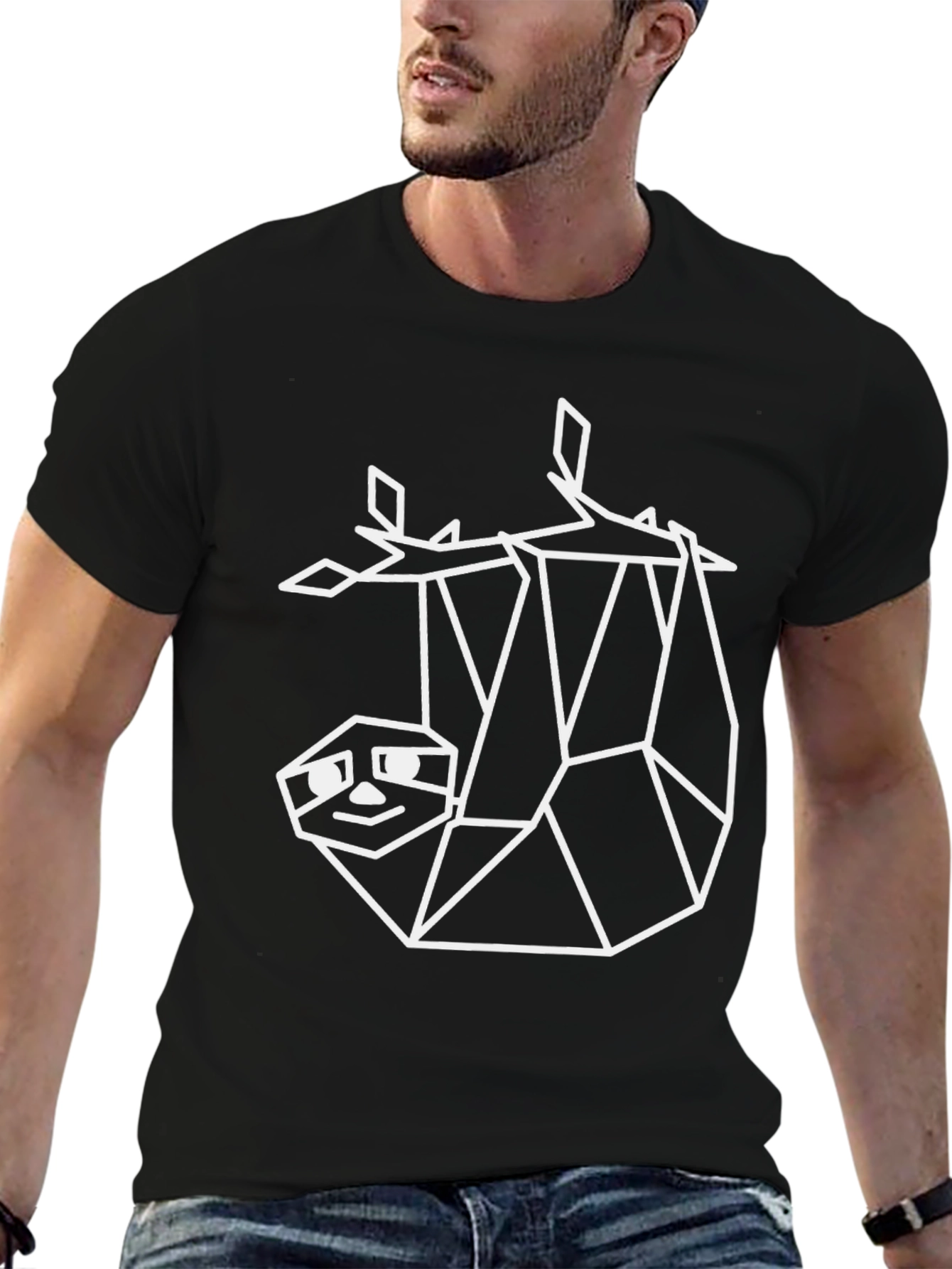 Geometric Sloth Graphic Tee - Black Casual Shirt