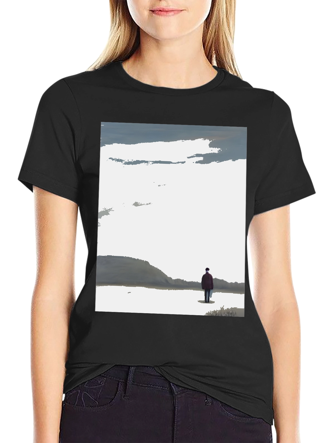Contemplative Black T-Shirt with Landscape Print