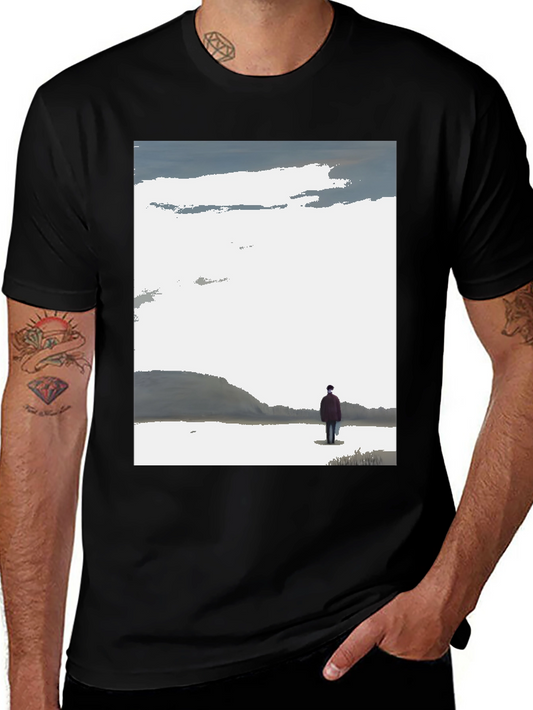 Contemplative Black T-Shirt with Landscape Print