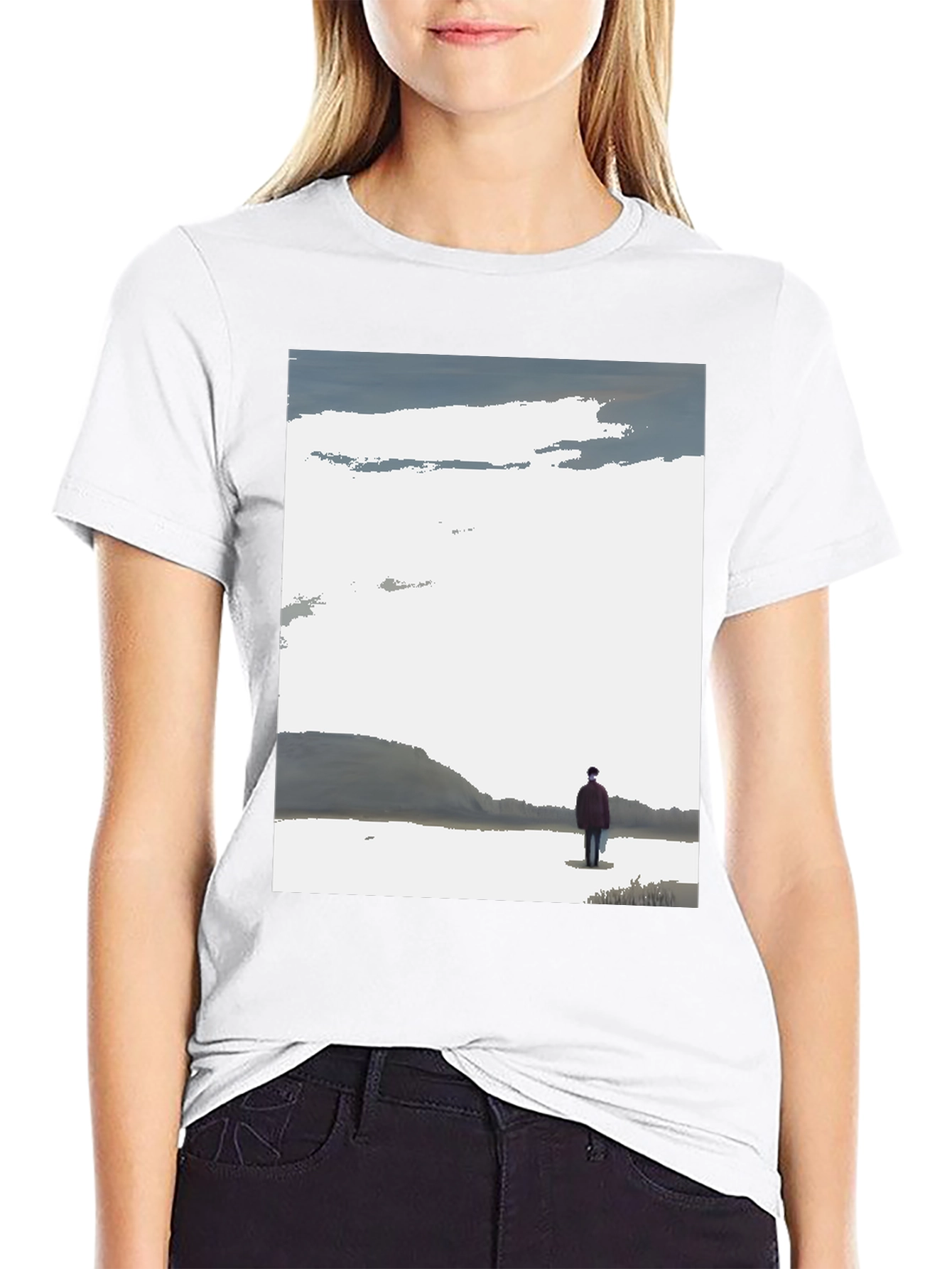 Contemplative Black T-Shirt with Landscape Print