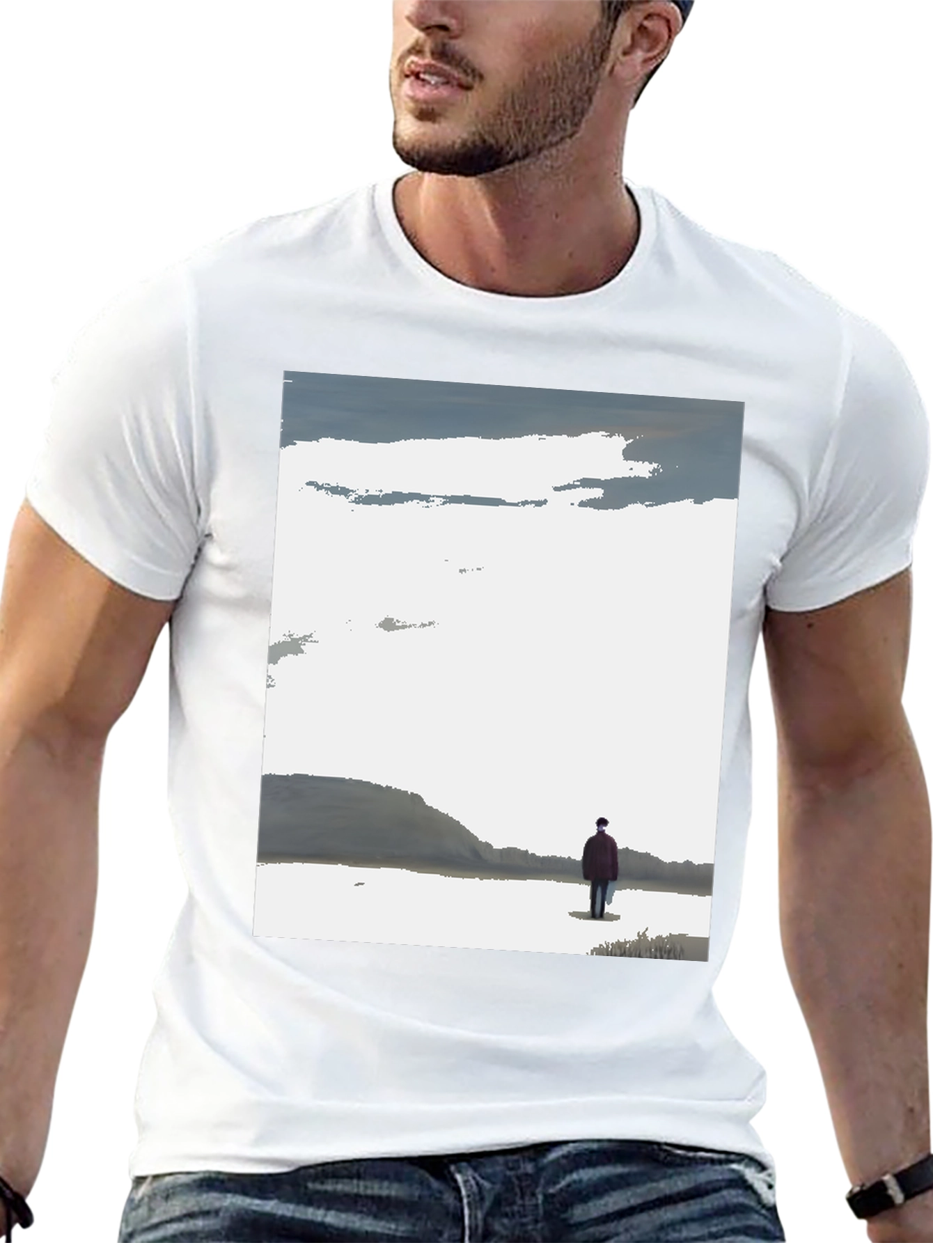 Contemplative Black T-Shirt with Landscape Print