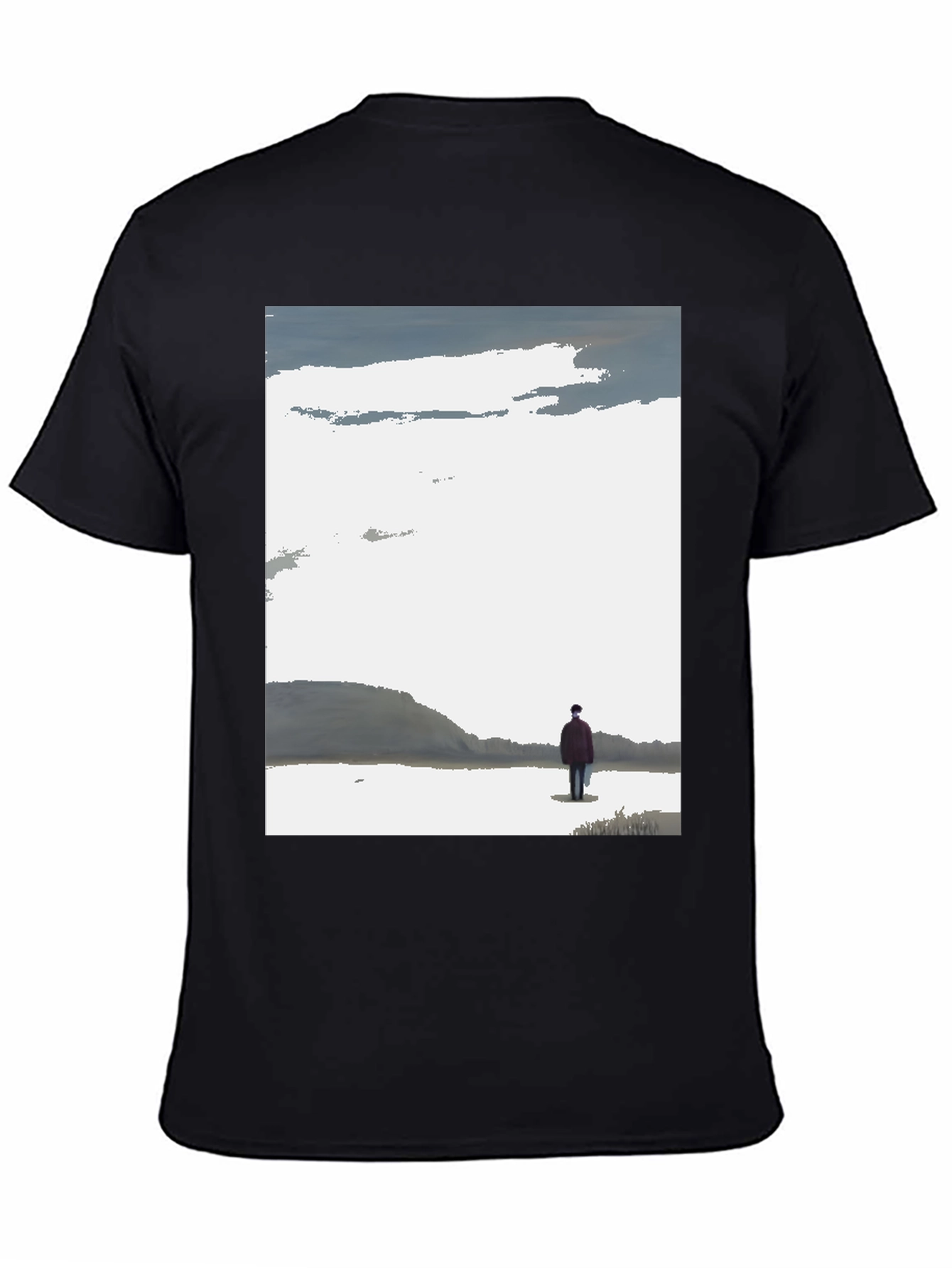 Contemplative Black T-Shirt with Landscape Print