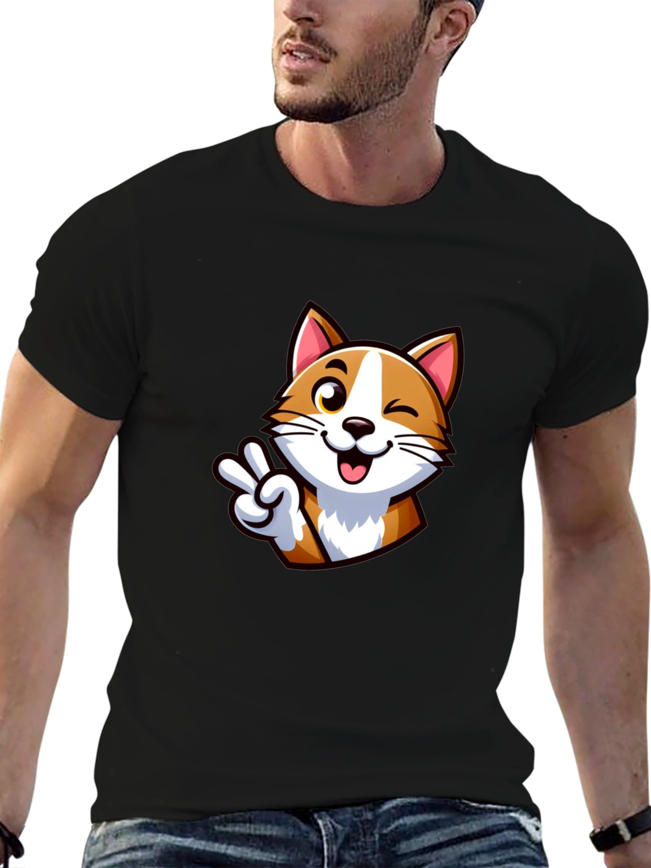 Cute Cartoon Cat Peace Sign Black T-Shirt