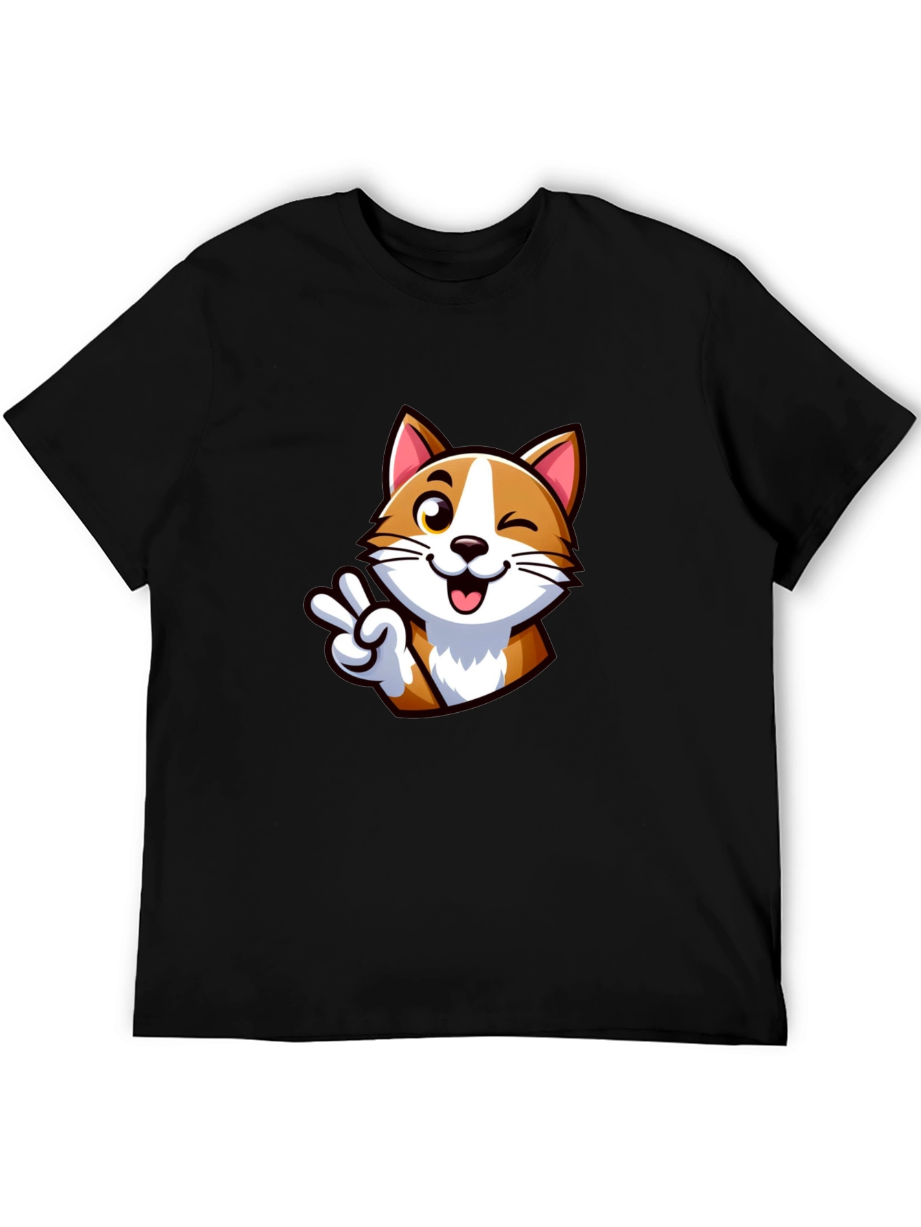 Cute Cartoon Cat Peace Sign Black T-Shirt