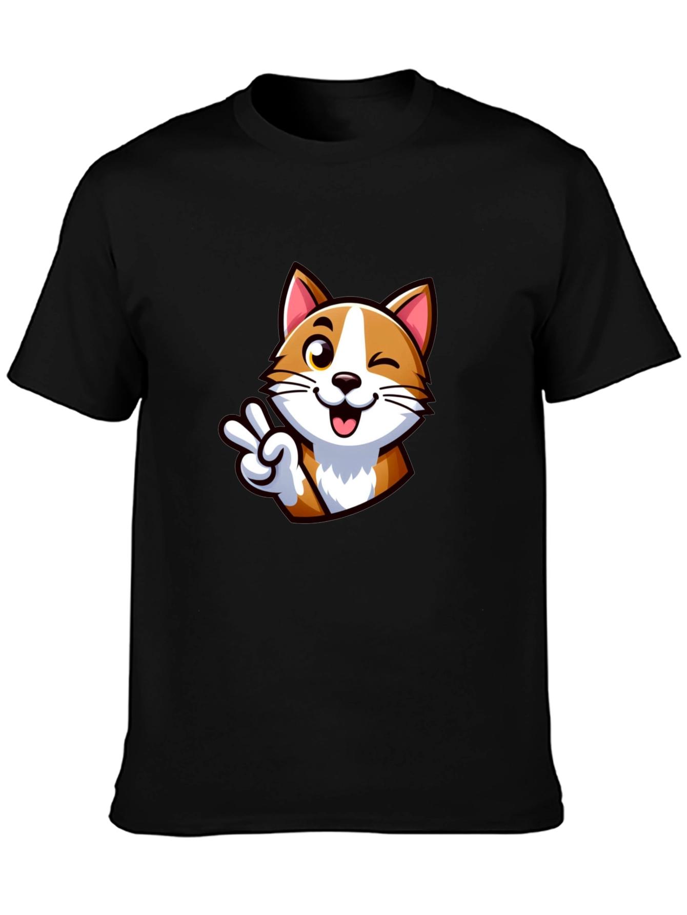 Cute Cartoon Cat Peace Sign Black T-Shirt