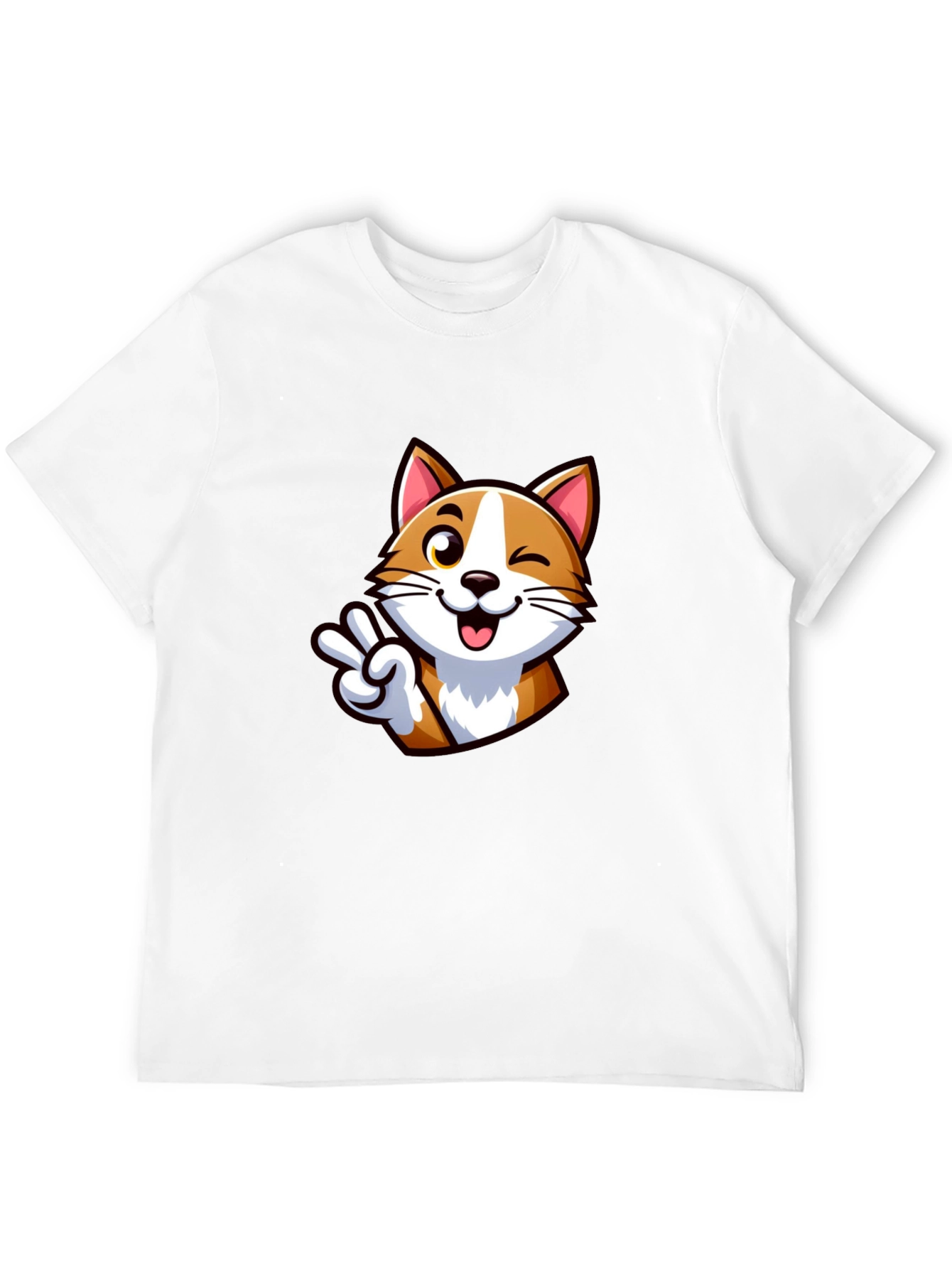 Cute Cartoon Cat Peace Sign Black T-Shirt