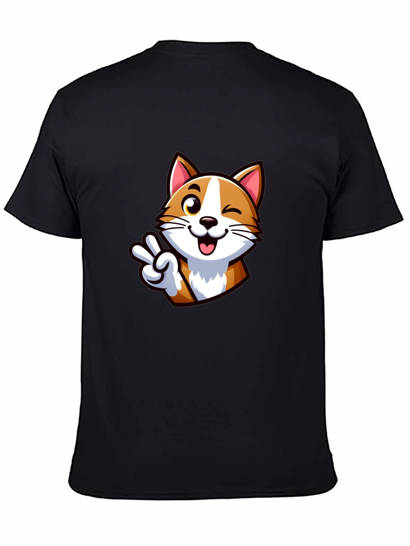 Cute Cartoon Cat Peace Sign Black T-Shirt