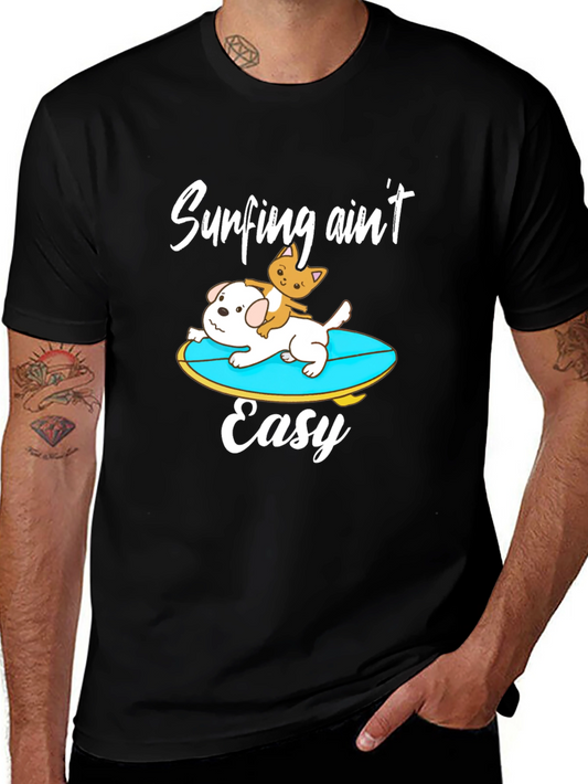 Surfing Dog & Cat Tee - Surfing Aint Easy Black T-Shirt