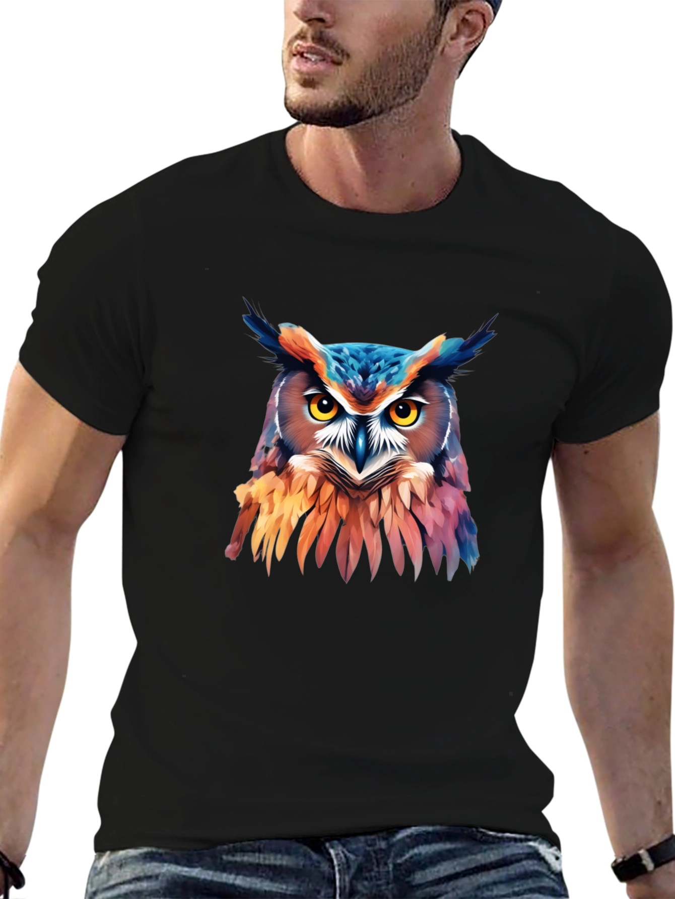 Vivid Owl Graphic Print Black T-Shirt