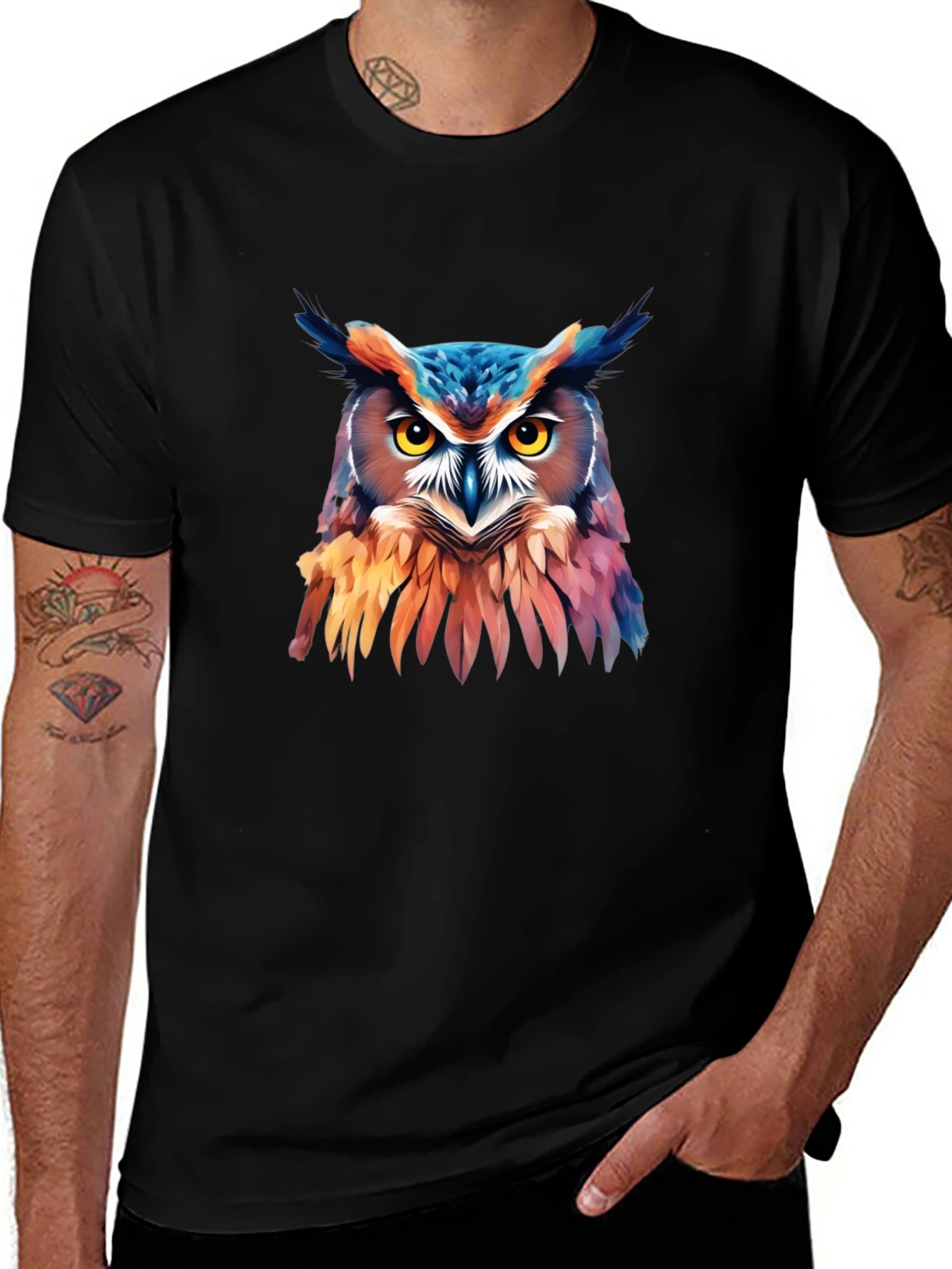 Vivid Owl Graphic Print Black T-Shirt