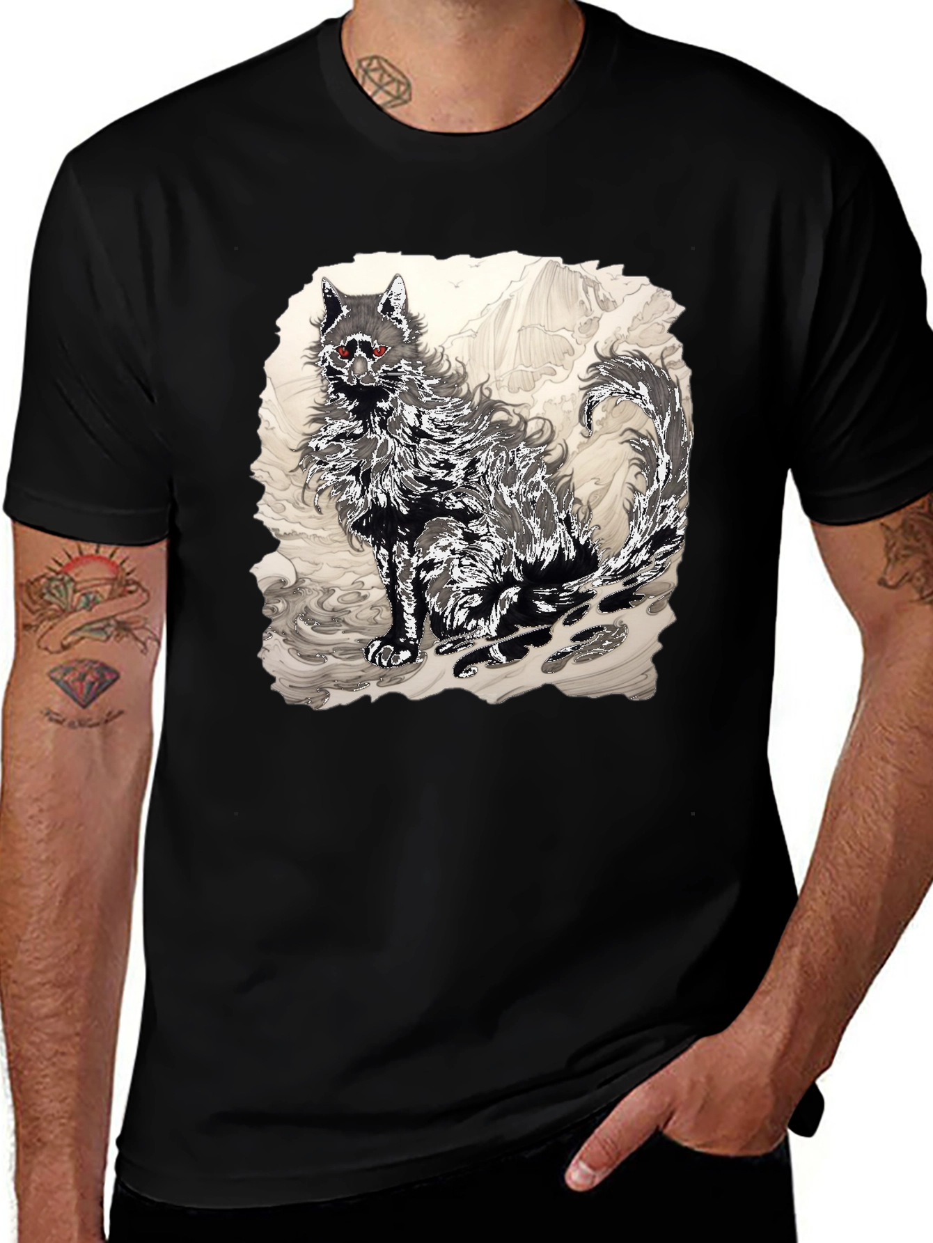 Black T-Shirt with Wolf Graphic