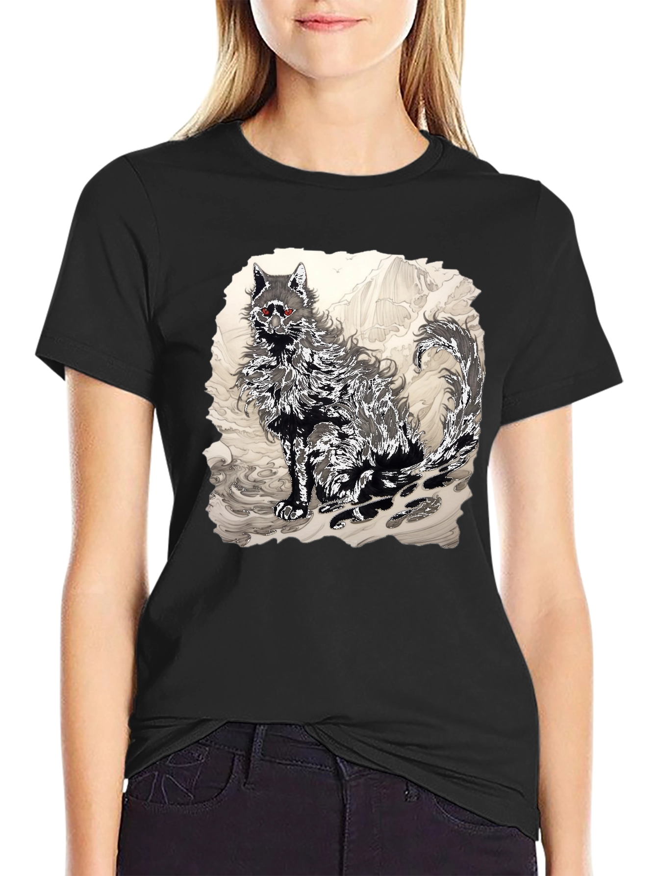 Black T-Shirt with Wolf Graphic
