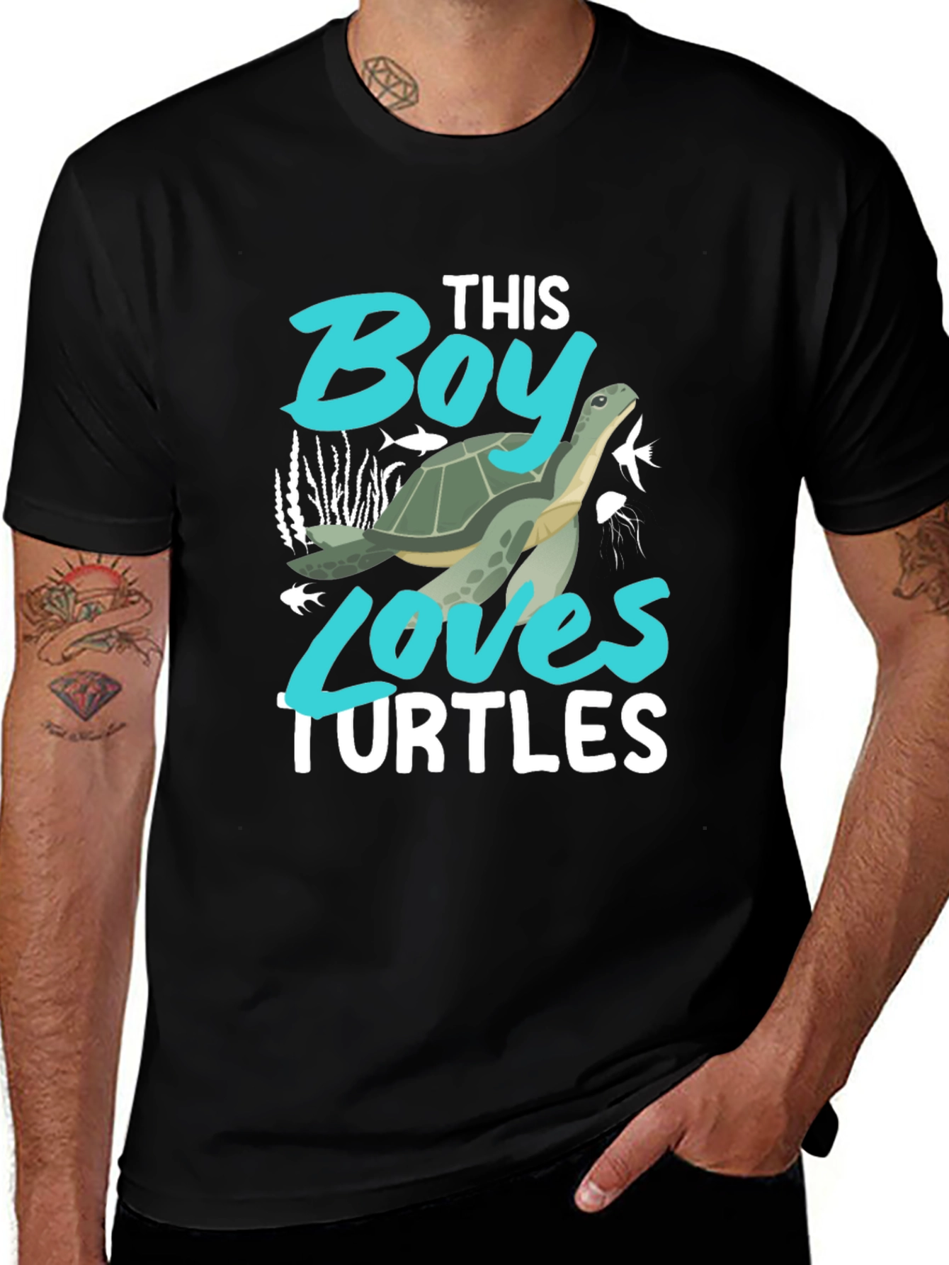 Boy Loves Turtles Graphic Tee - Black Cotton Blend