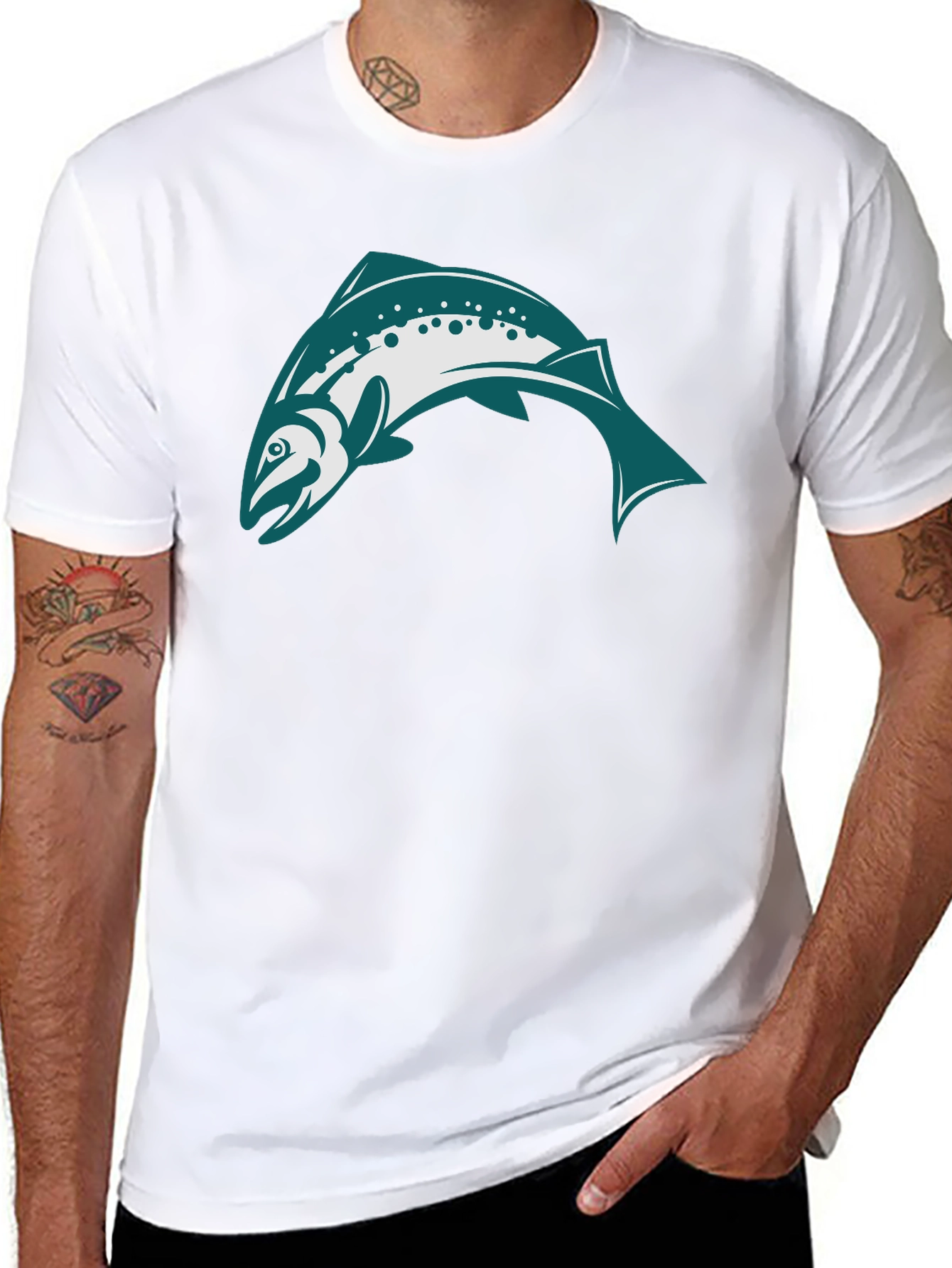 Black T-Shirt with Teal & White Fish Design