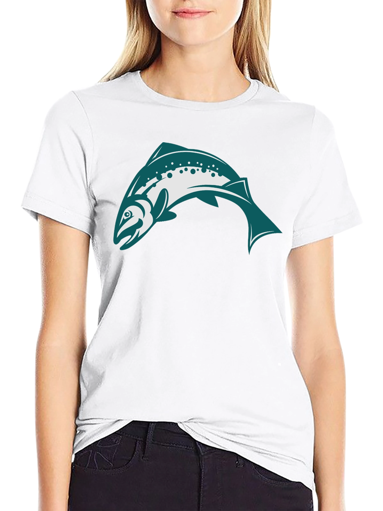 Black T-Shirt with Teal & White Fish Design