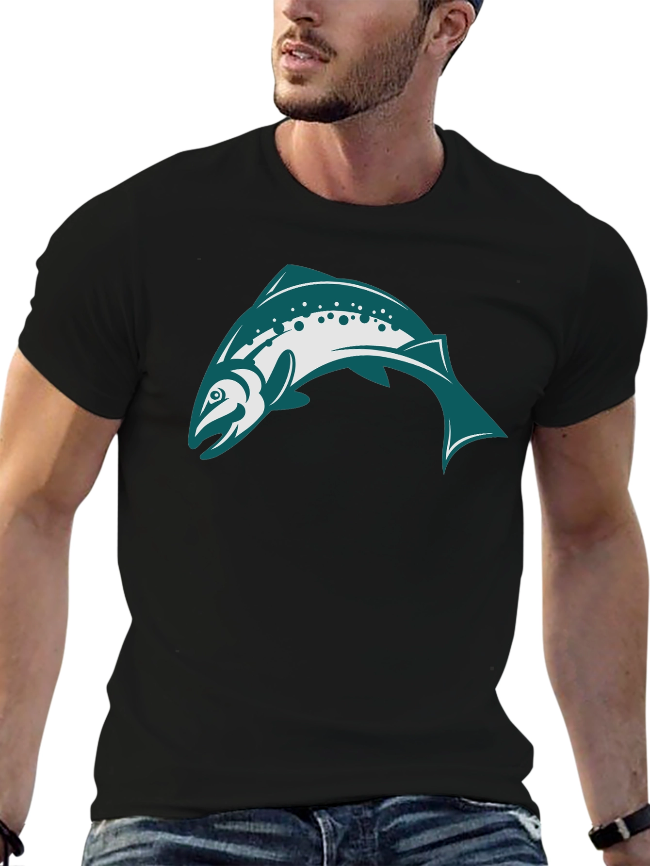 Black T-Shirt with Teal & White Fish Design