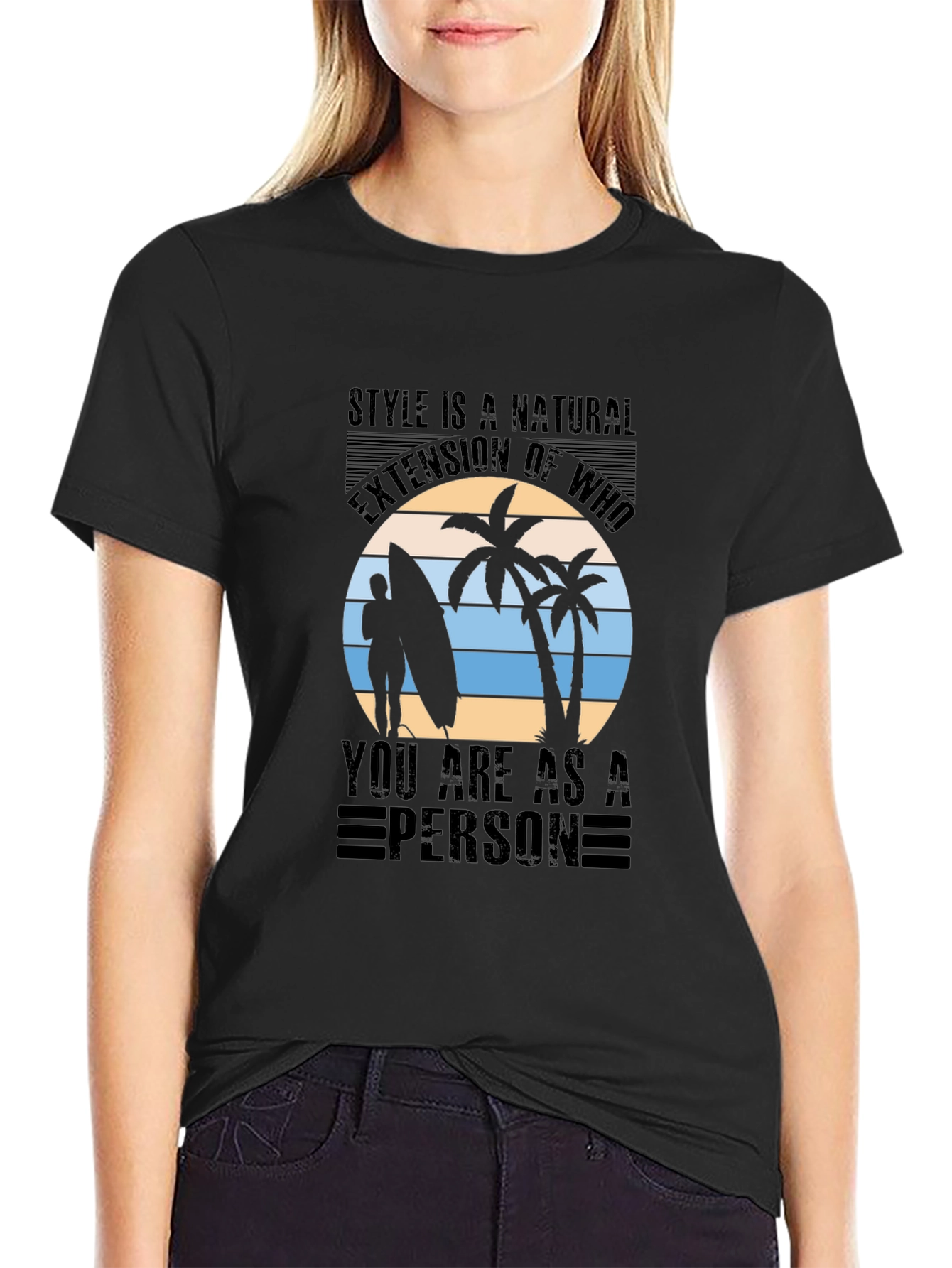 Stylish Black T-Shirt with Tropical Beach Graphic