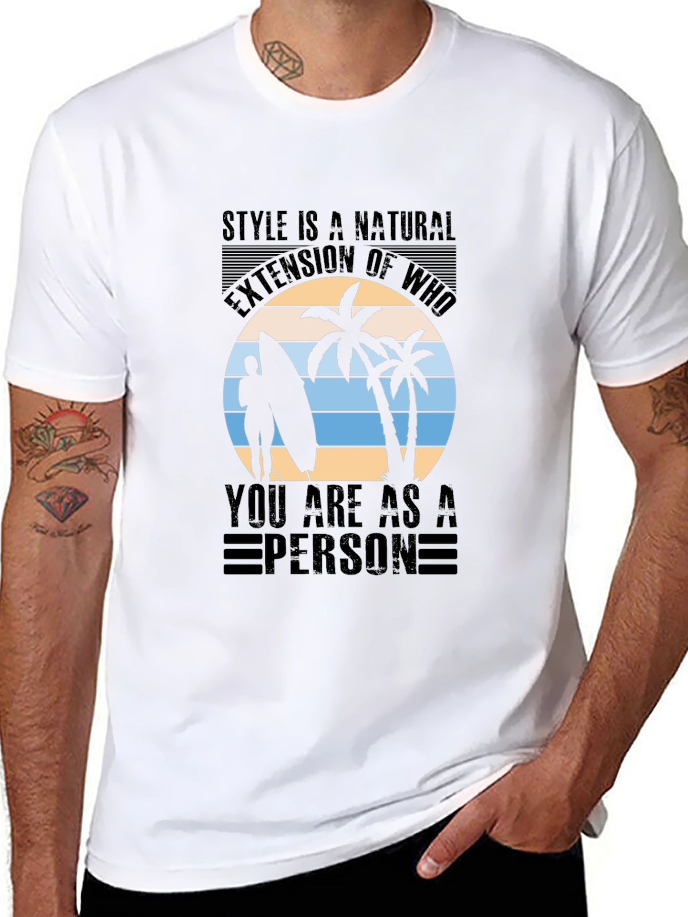 Stylish Black T-Shirt with Tropical Beach Graphic