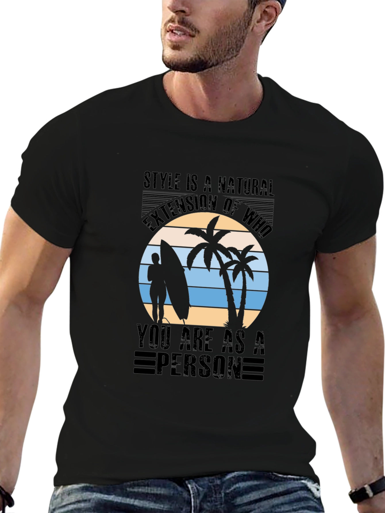 Stylish Black T-Shirt with Tropical Beach Graphic