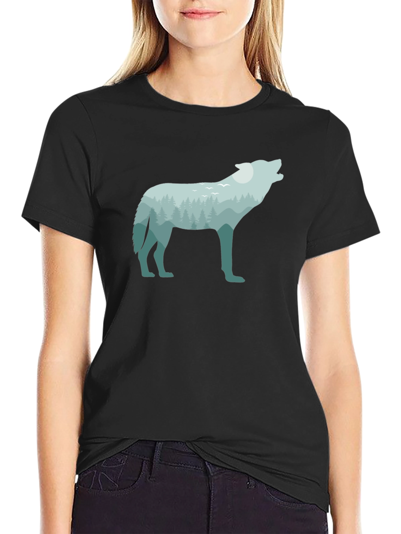 Nature Wolf Graphic Tee - Black Cotton T-Shirt
