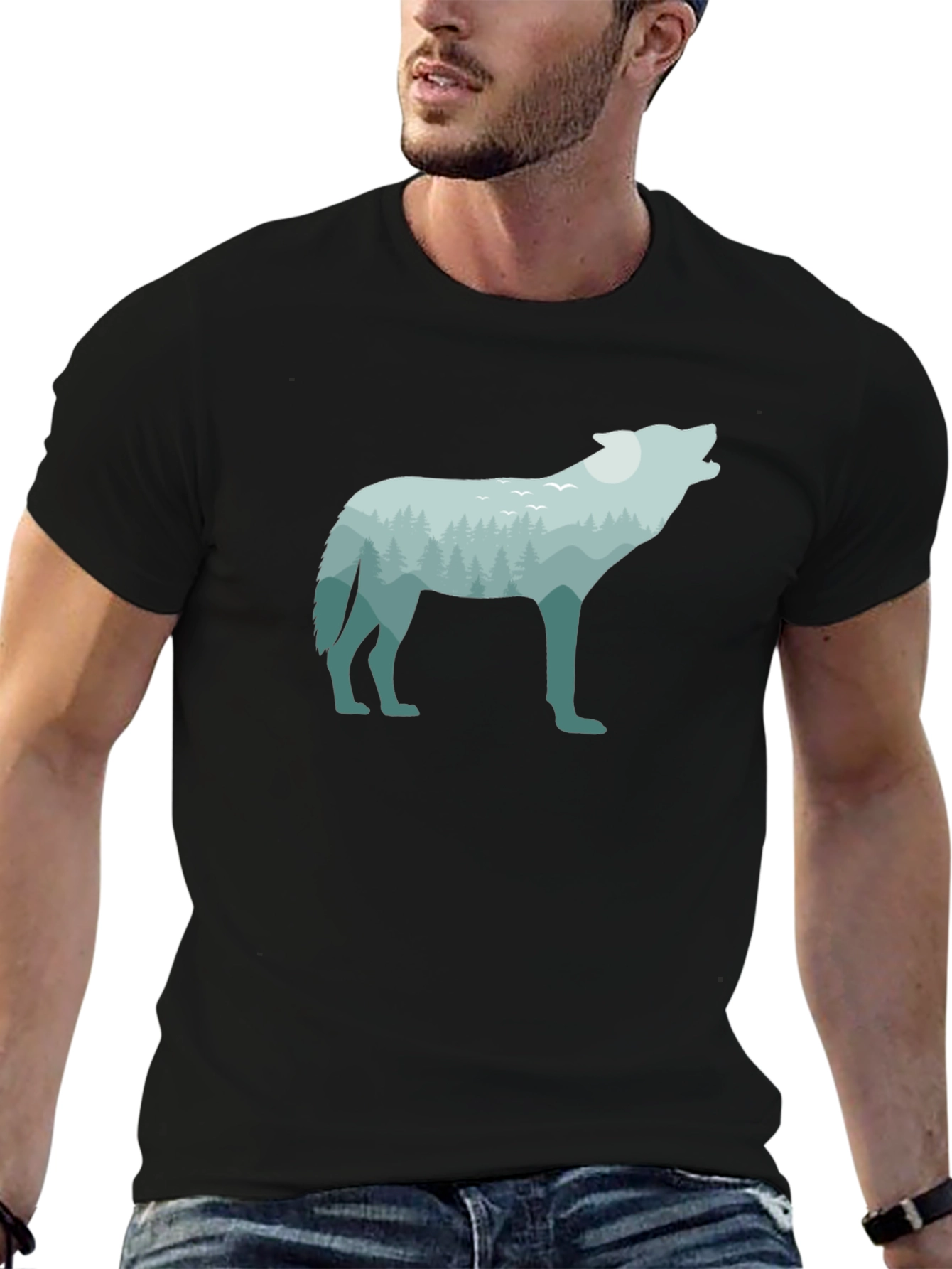 Nature Wolf Graphic Tee - Black Cotton T-Shirt