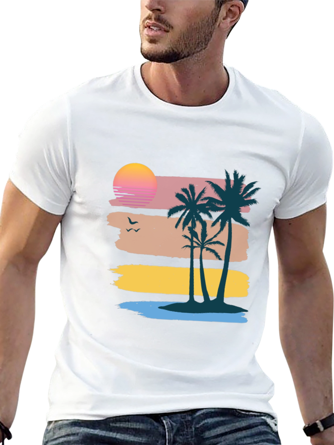 Retro Sunset Palm Tree Graphic Tee - Coastal Vibes