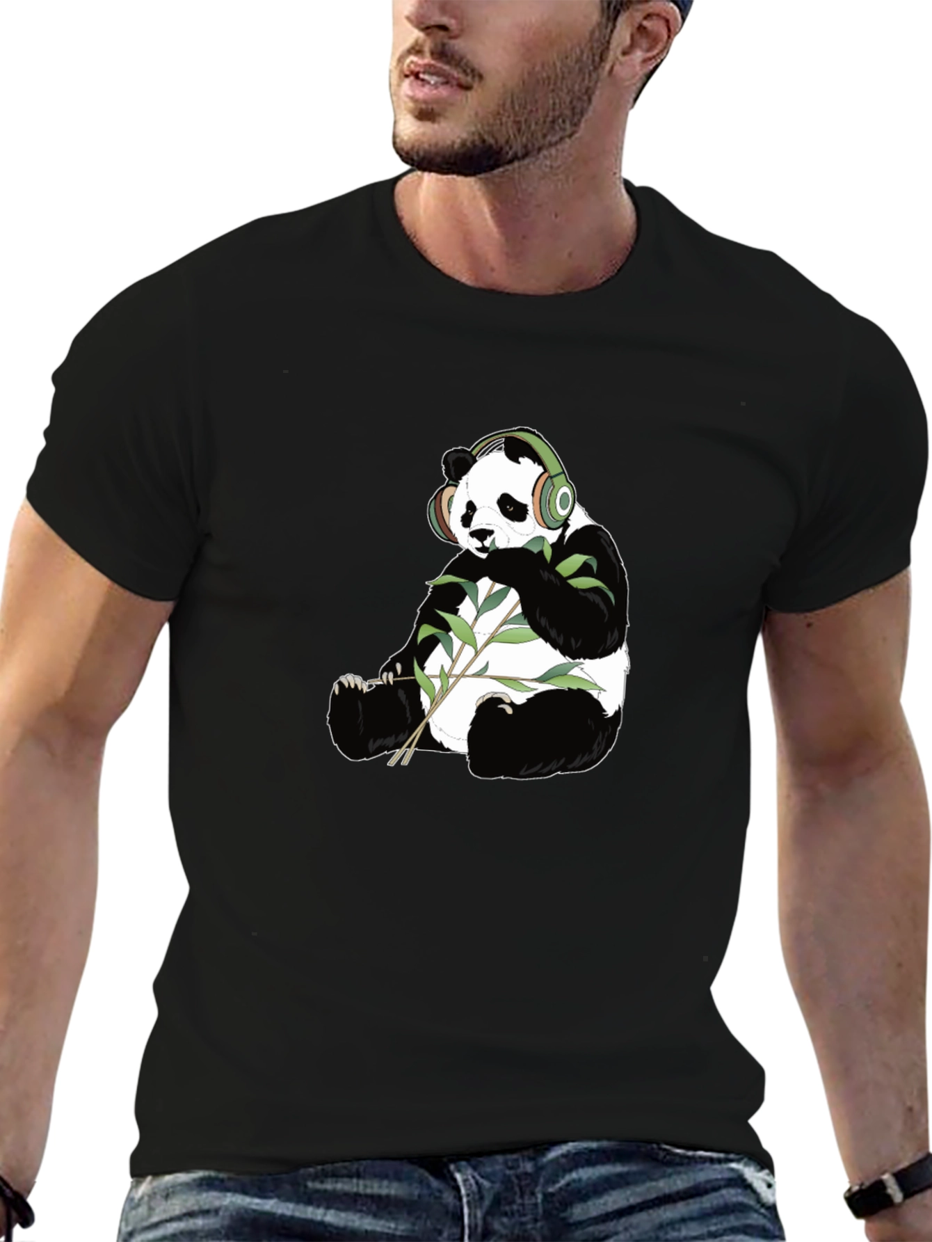 Panda with Headphones Graphic Tee - Black Cotton