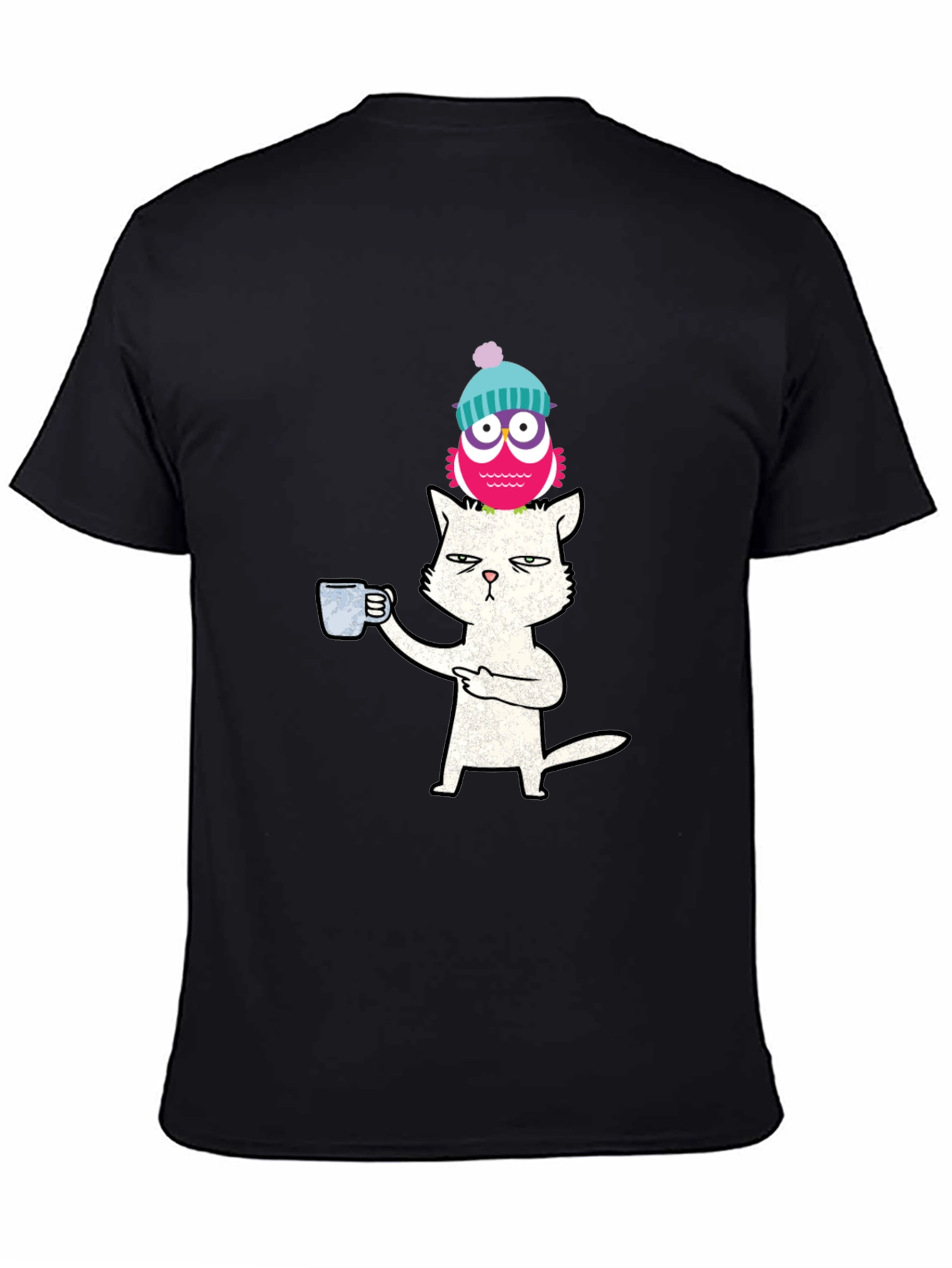 Cat With Coffee & Owl On Head T-Shirt