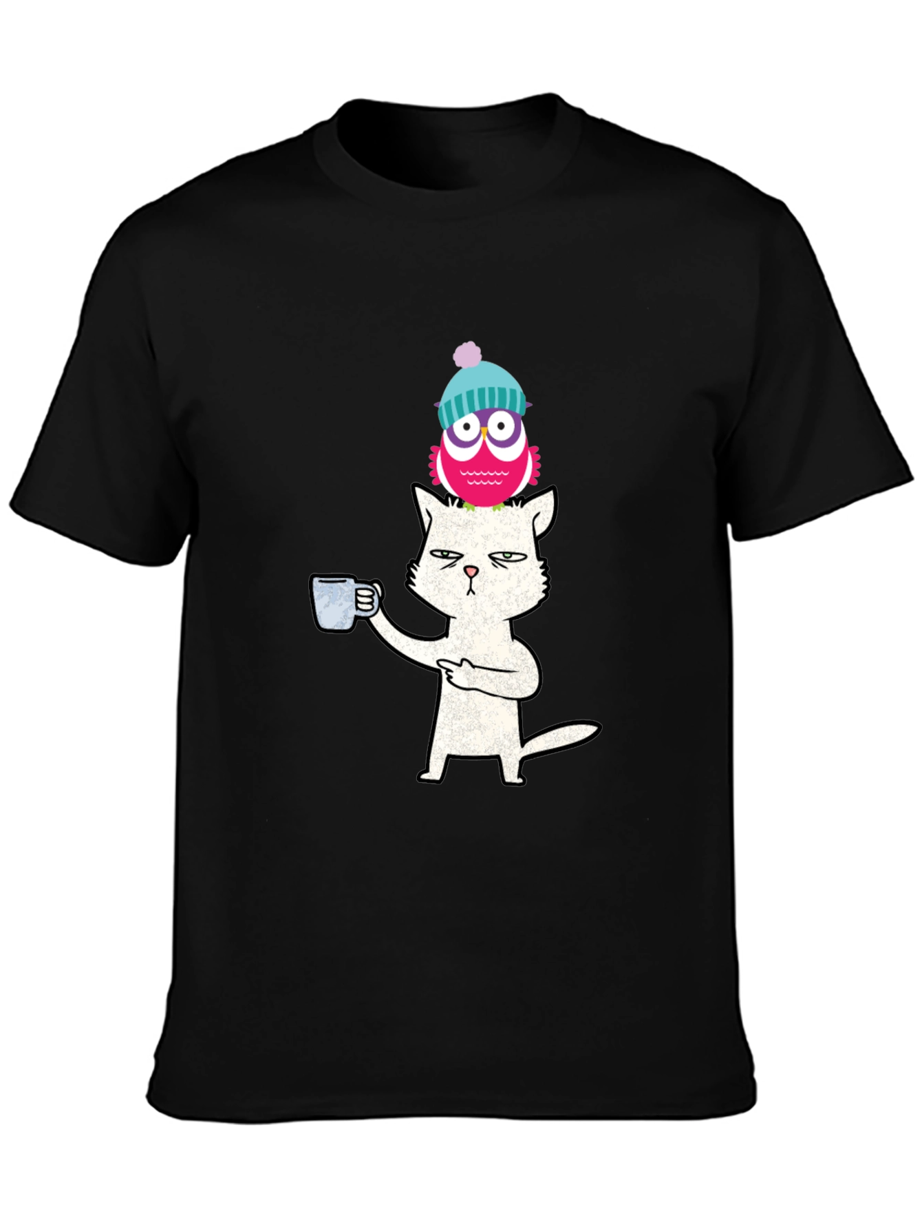 Cat With Coffee & Owl On Head T-Shirt