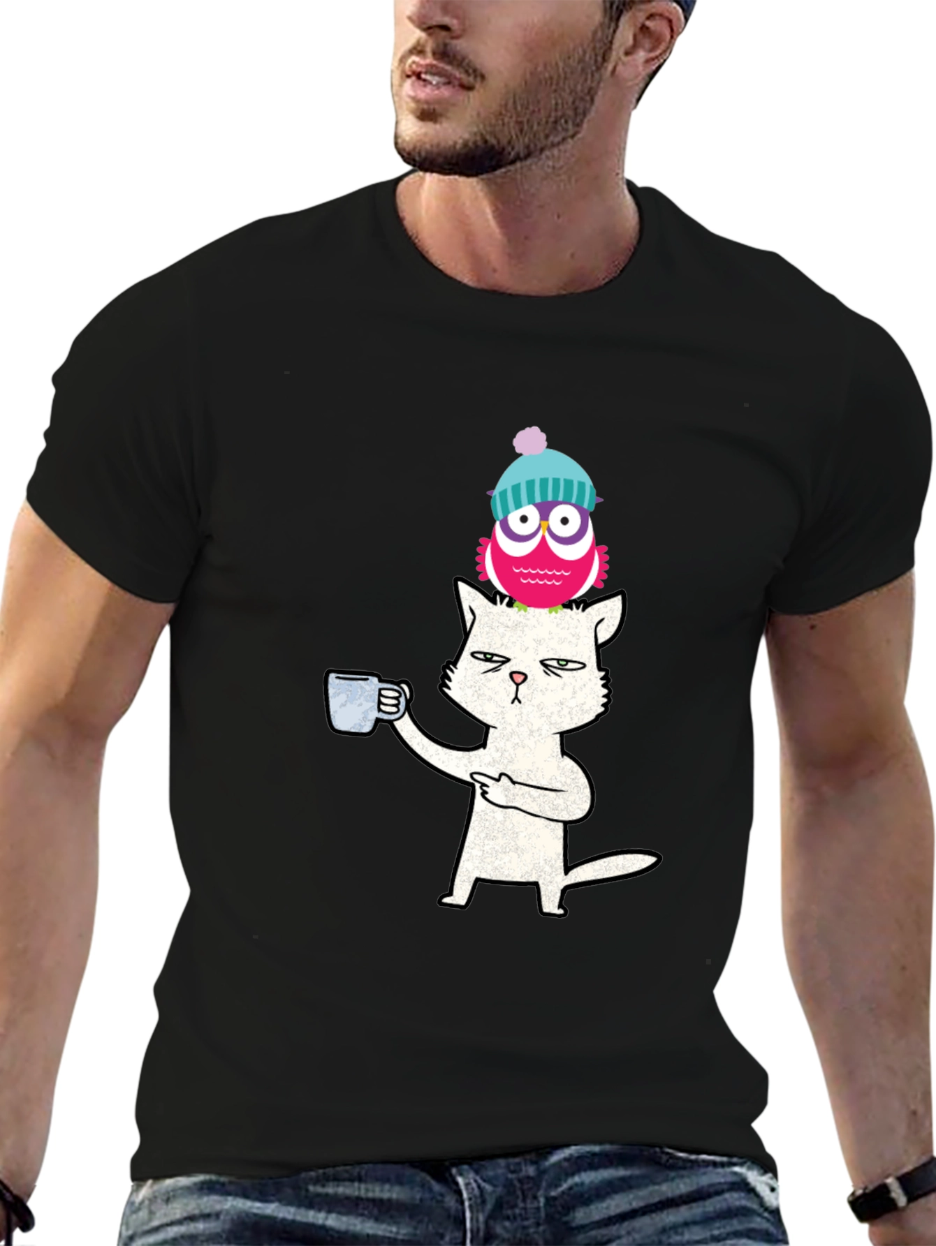 Cat With Coffee & Owl On Head T-Shirt