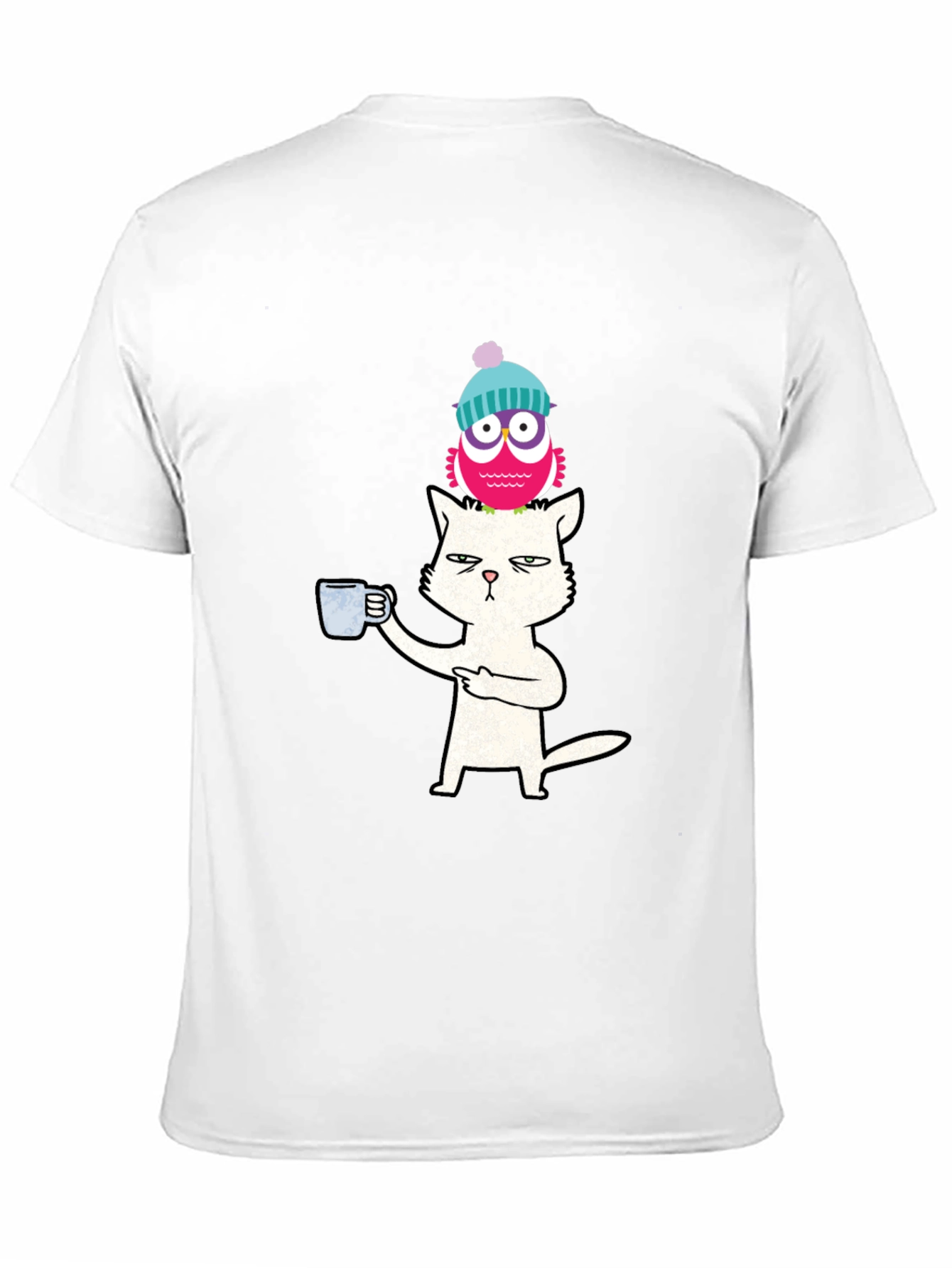 Cat With Coffee & Owl On Head T-Shirt
