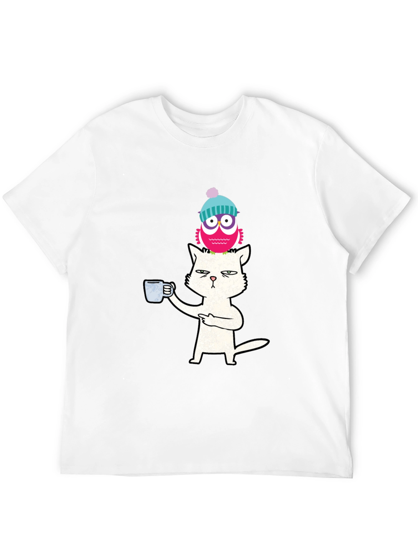 Cat With Coffee & Owl On Head T-Shirt
