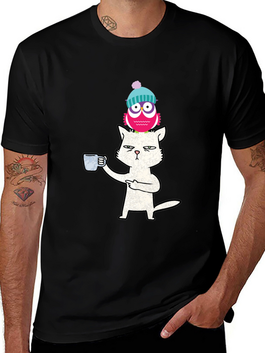 Cat With Coffee & Owl On Head T-Shirt