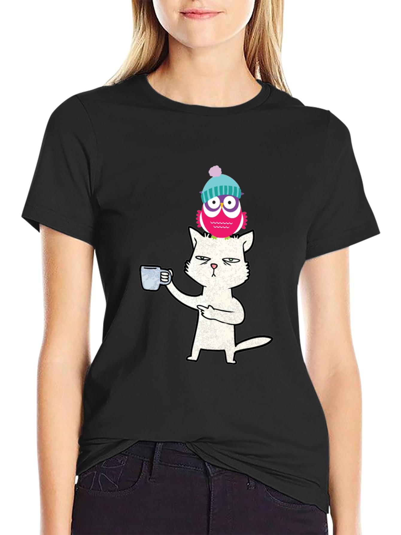 Cat With Coffee & Owl On Head T-Shirt