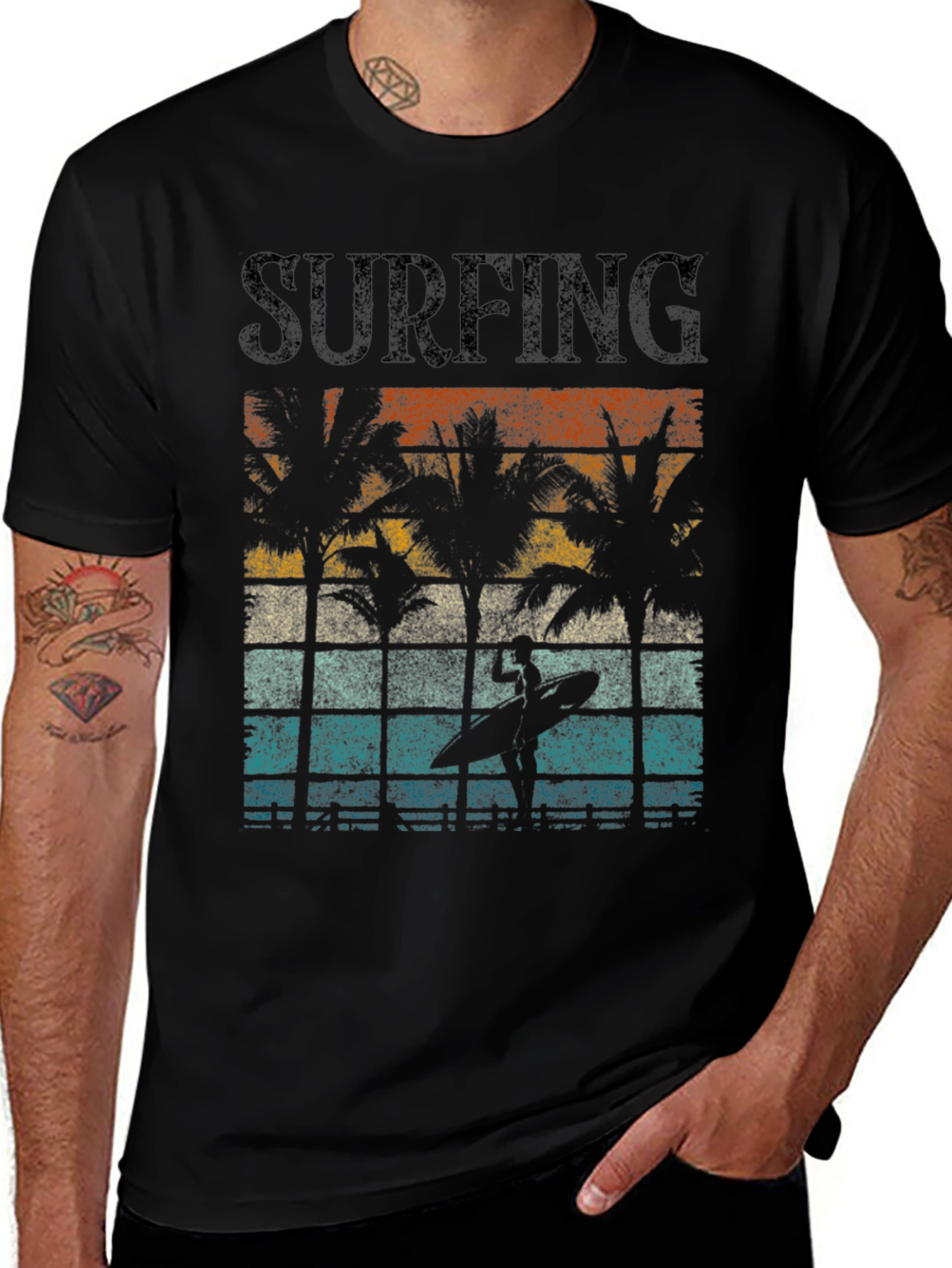 Retro Surfing Tee - Palm Tree Sunset Design