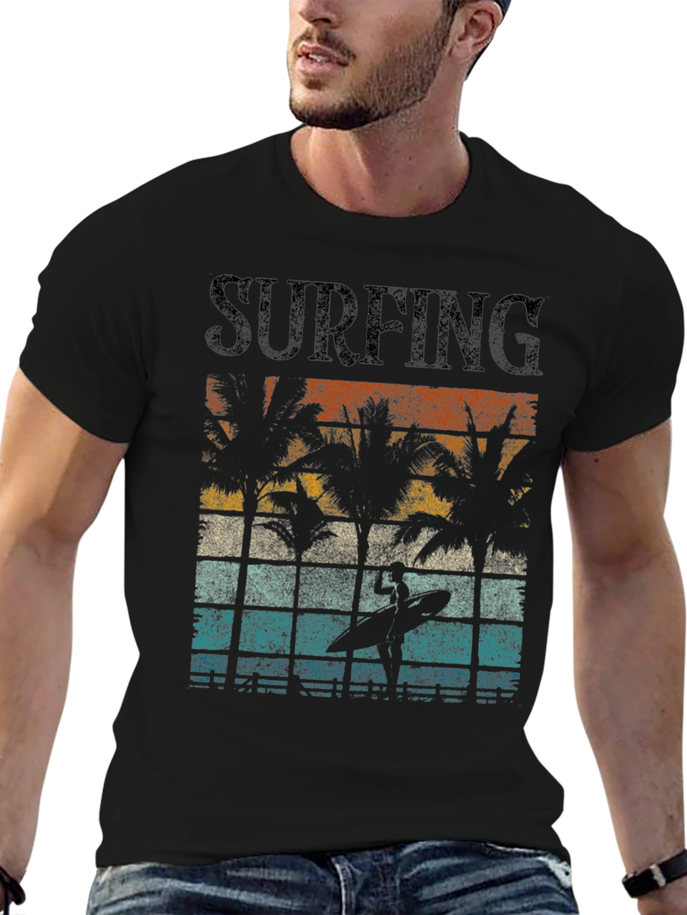 Retro Surfing Tee - Palm Tree Sunset Design
