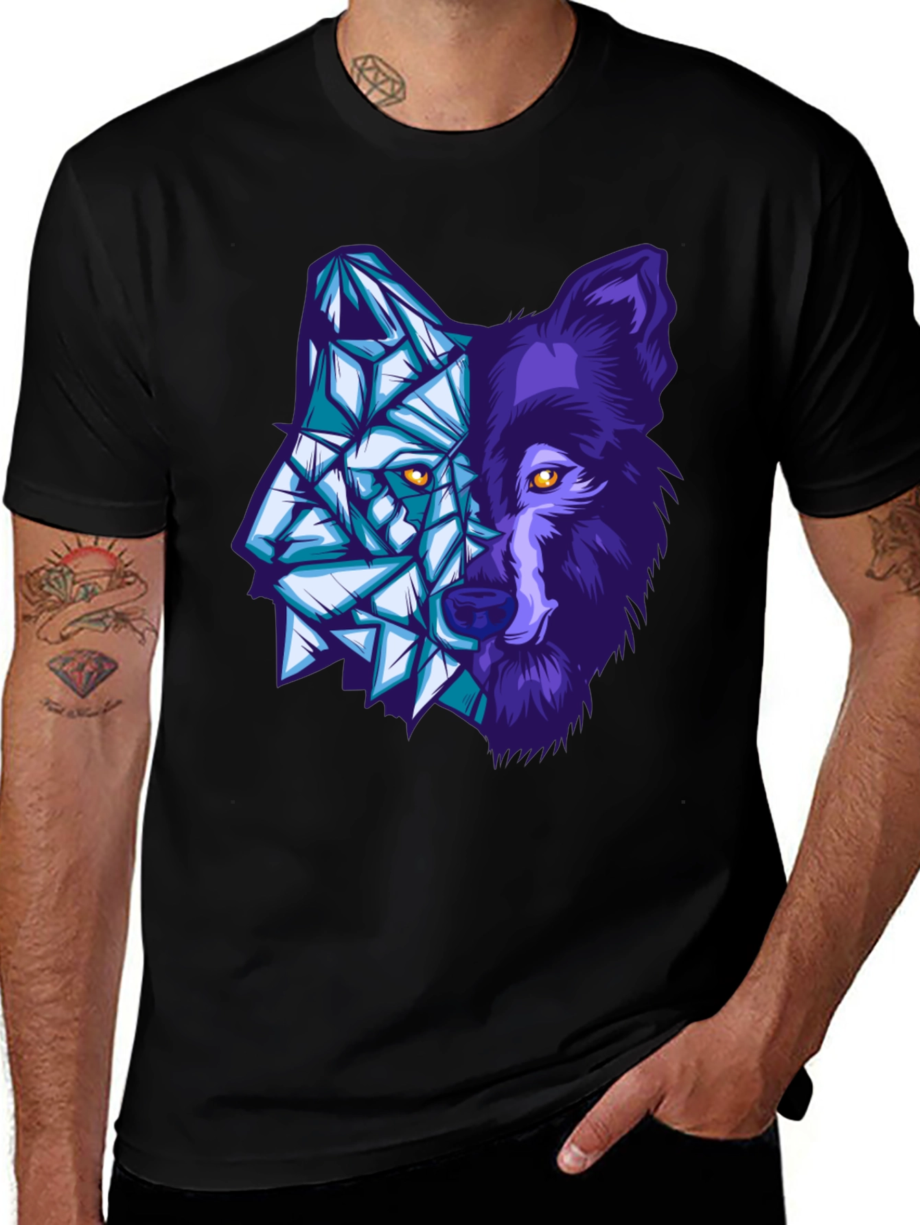 Geometric Wolf Graphic Tee - Black