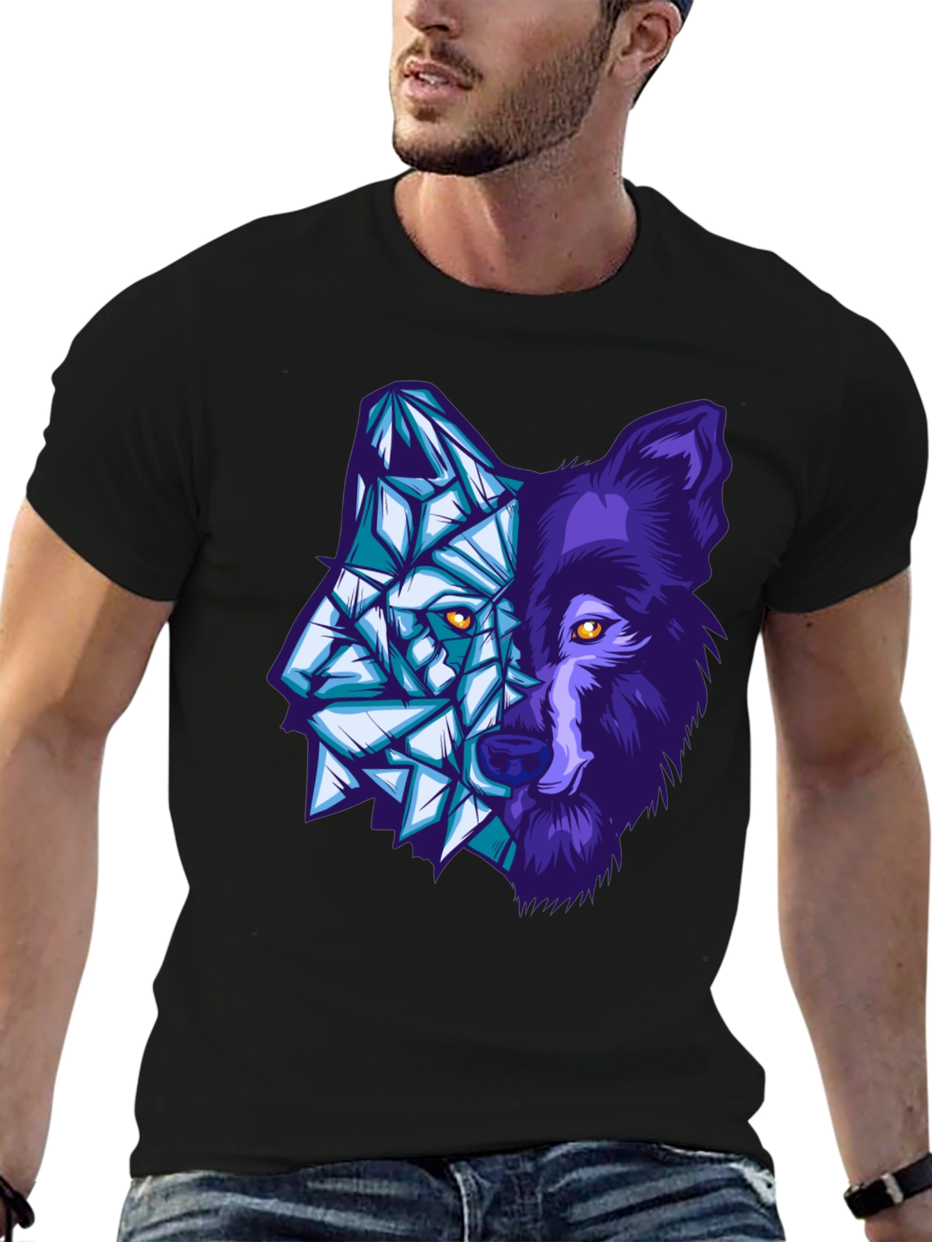 Geometric Wolf Graphic Tee - Black