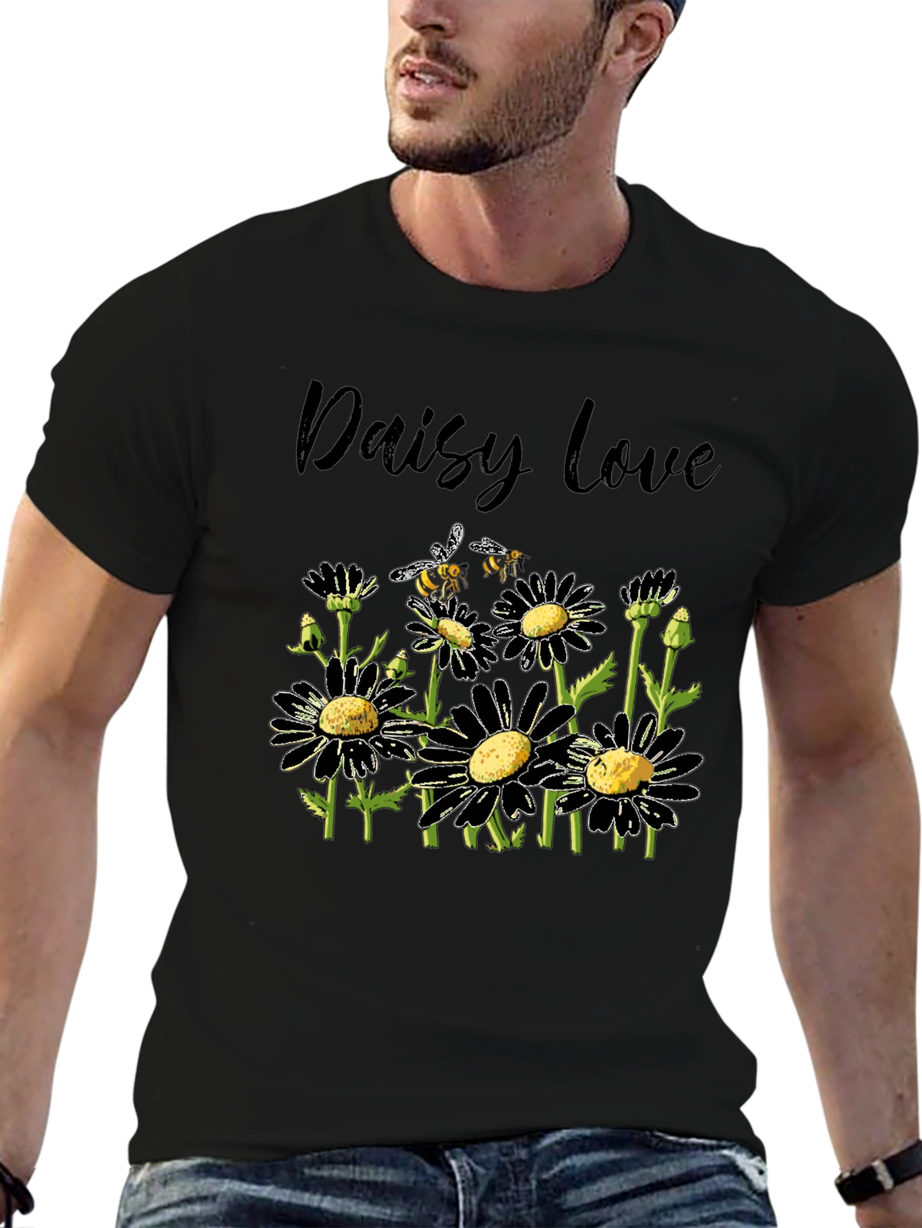 Daisy Love Black T-Shirt with Bee Graphic
