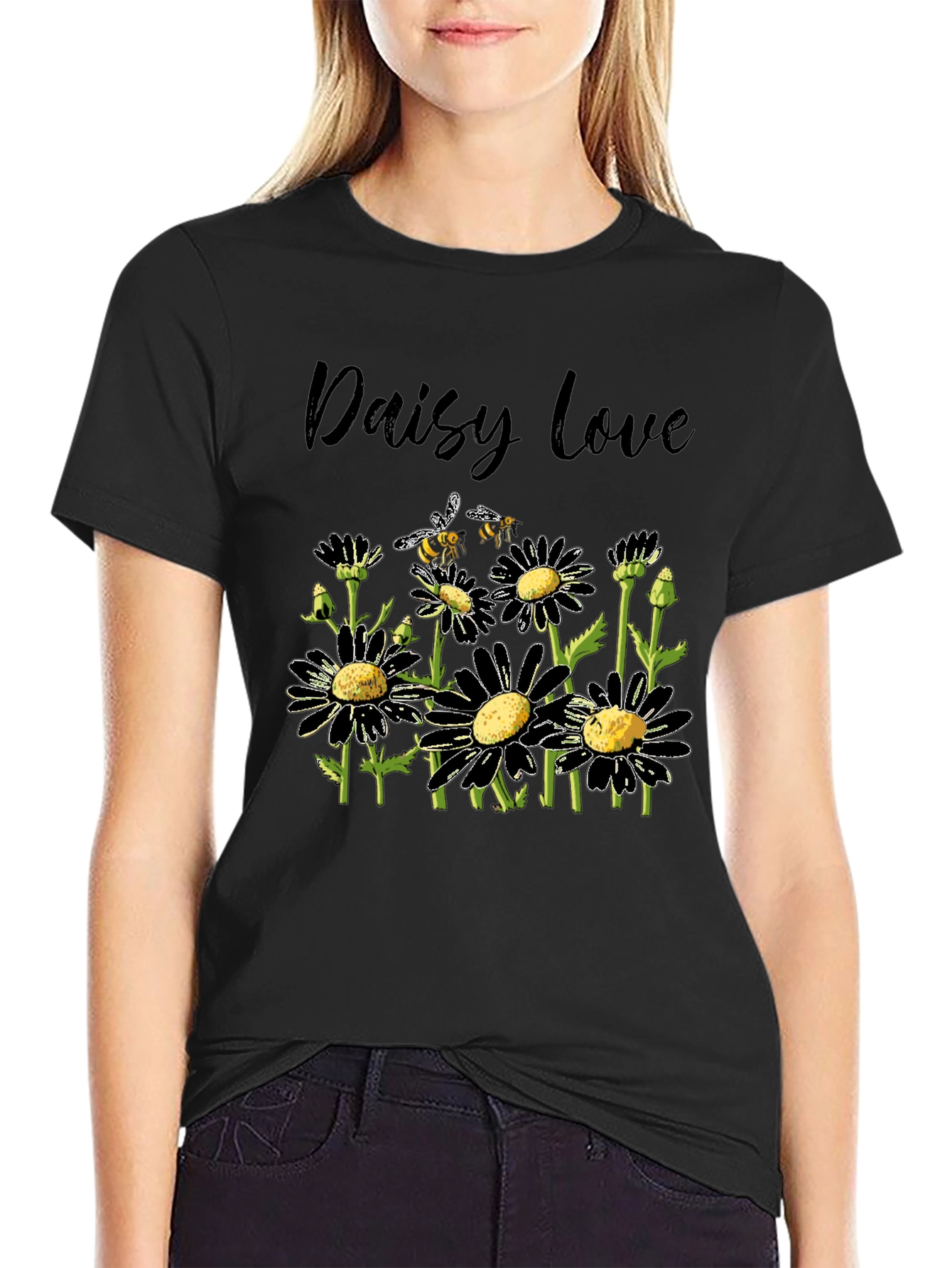 Daisy Love Black T-Shirt with Bee Graphic