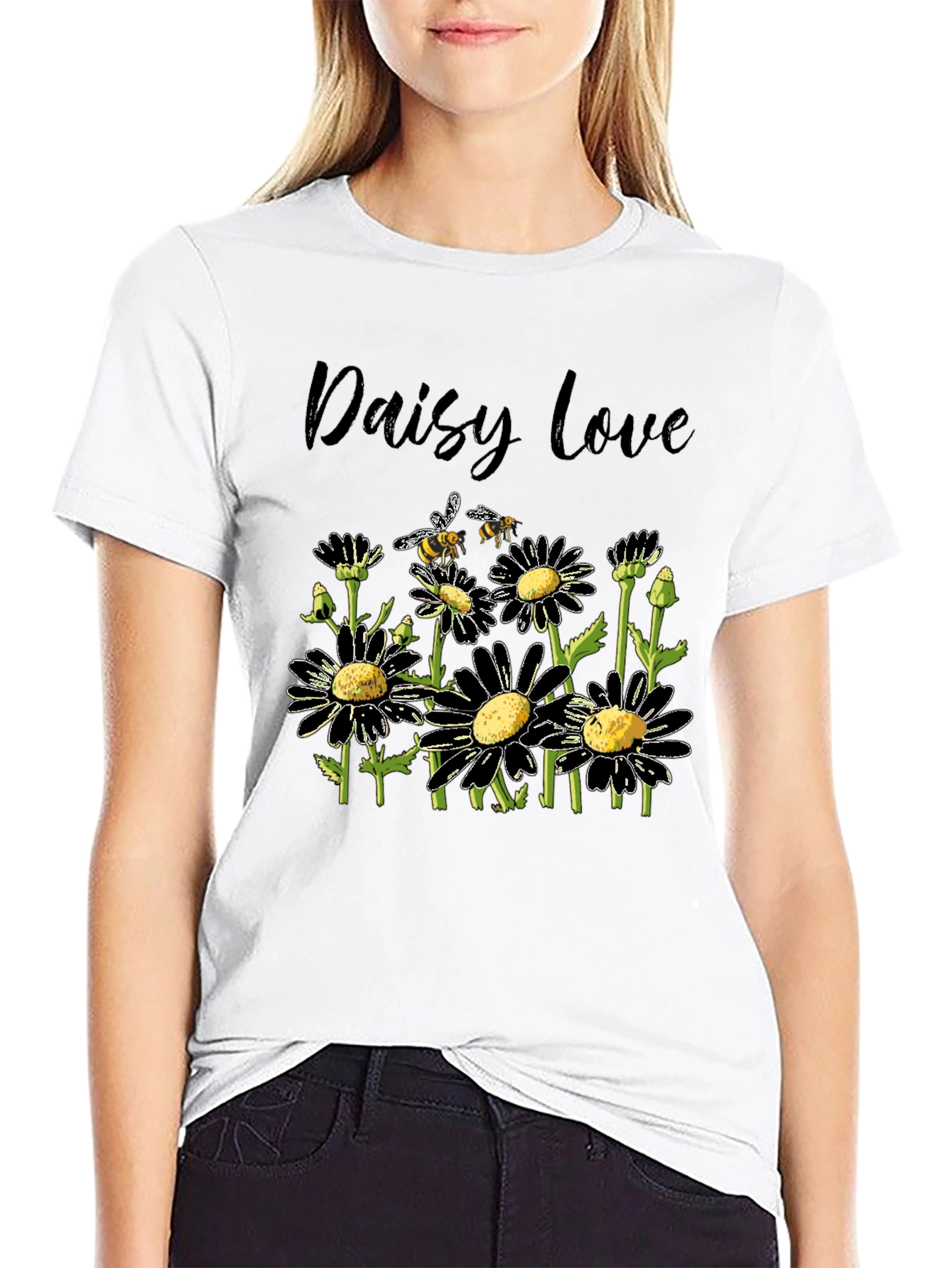Daisy Love Black T-Shirt with Bee Graphic