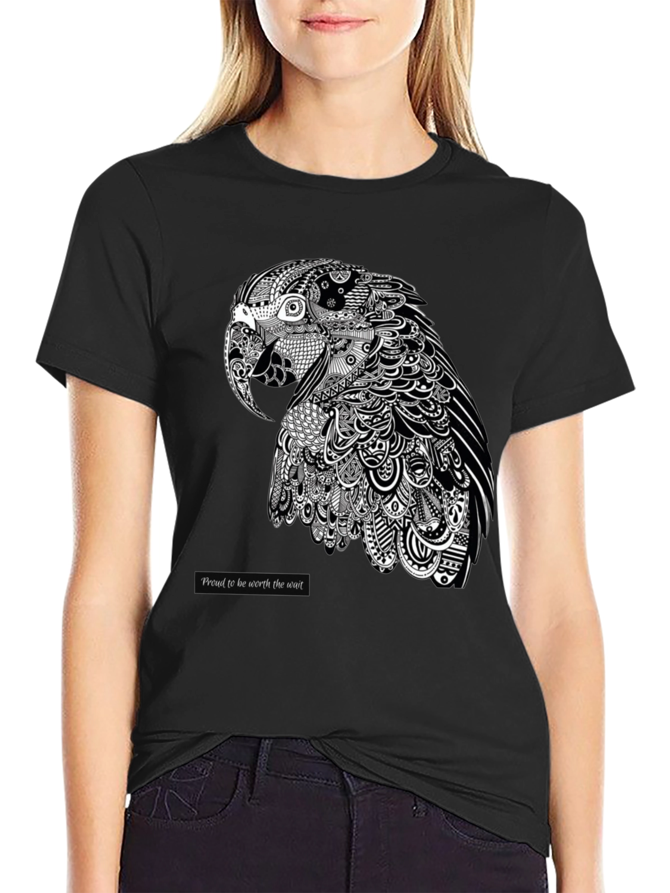 Artistic Parrot Graphic Tee - Black Cotton Blend