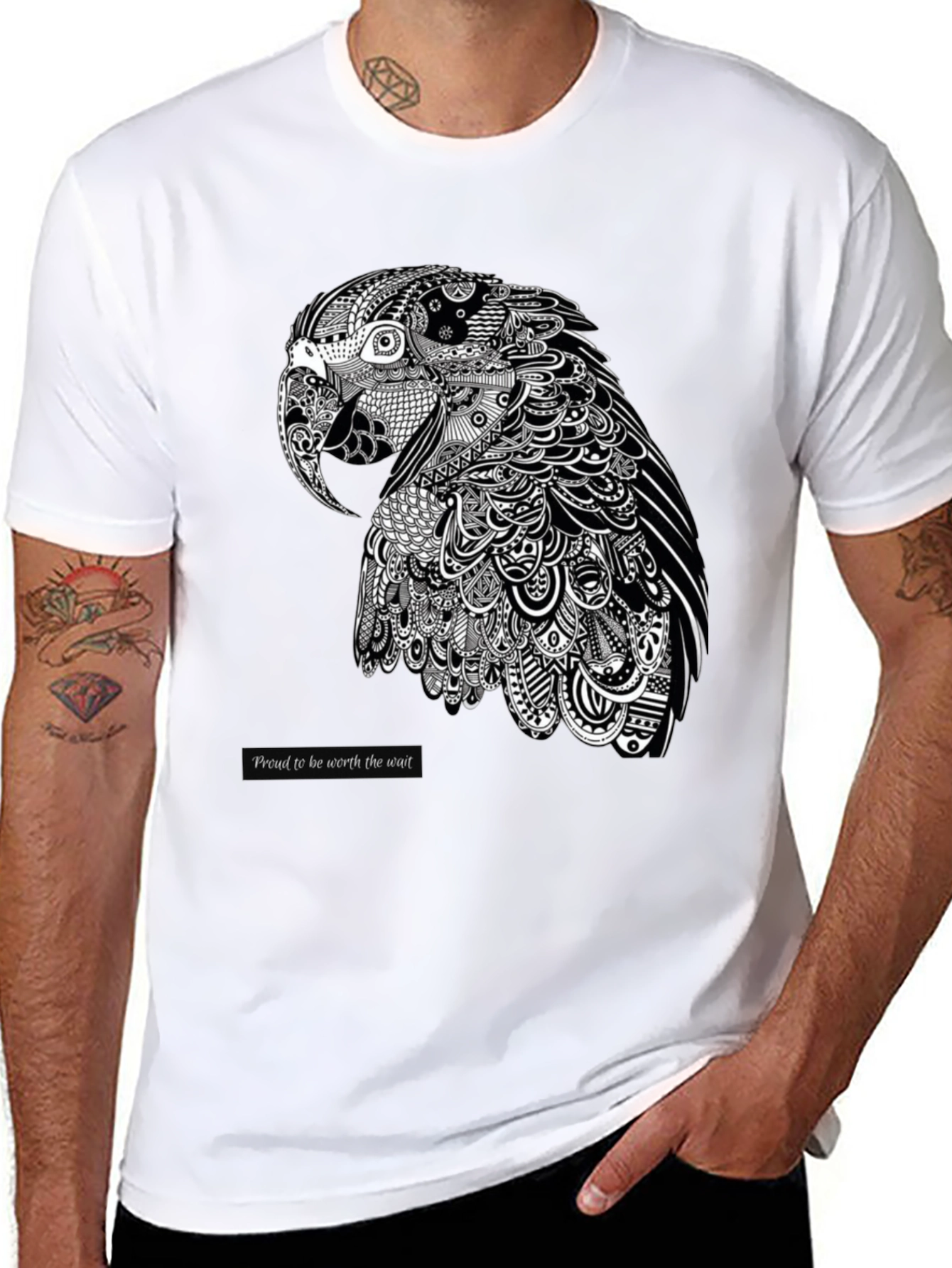 Artistic Parrot Graphic Tee - Black Cotton Blend