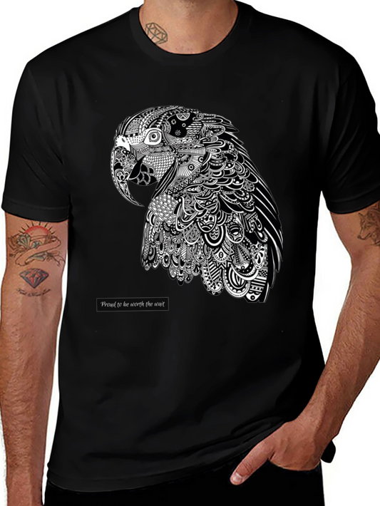 Artistic Parrot Graphic Tee - Black Cotton Blend