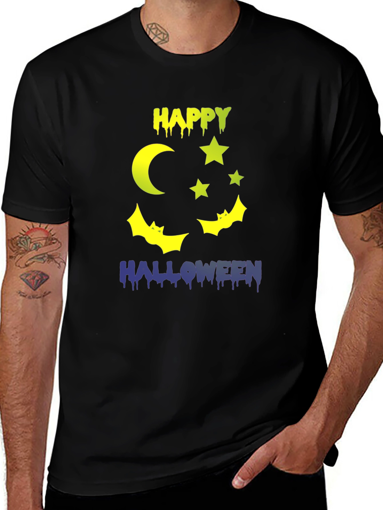 Happy Halloween T-Shirt Moon Stars & Bats Design