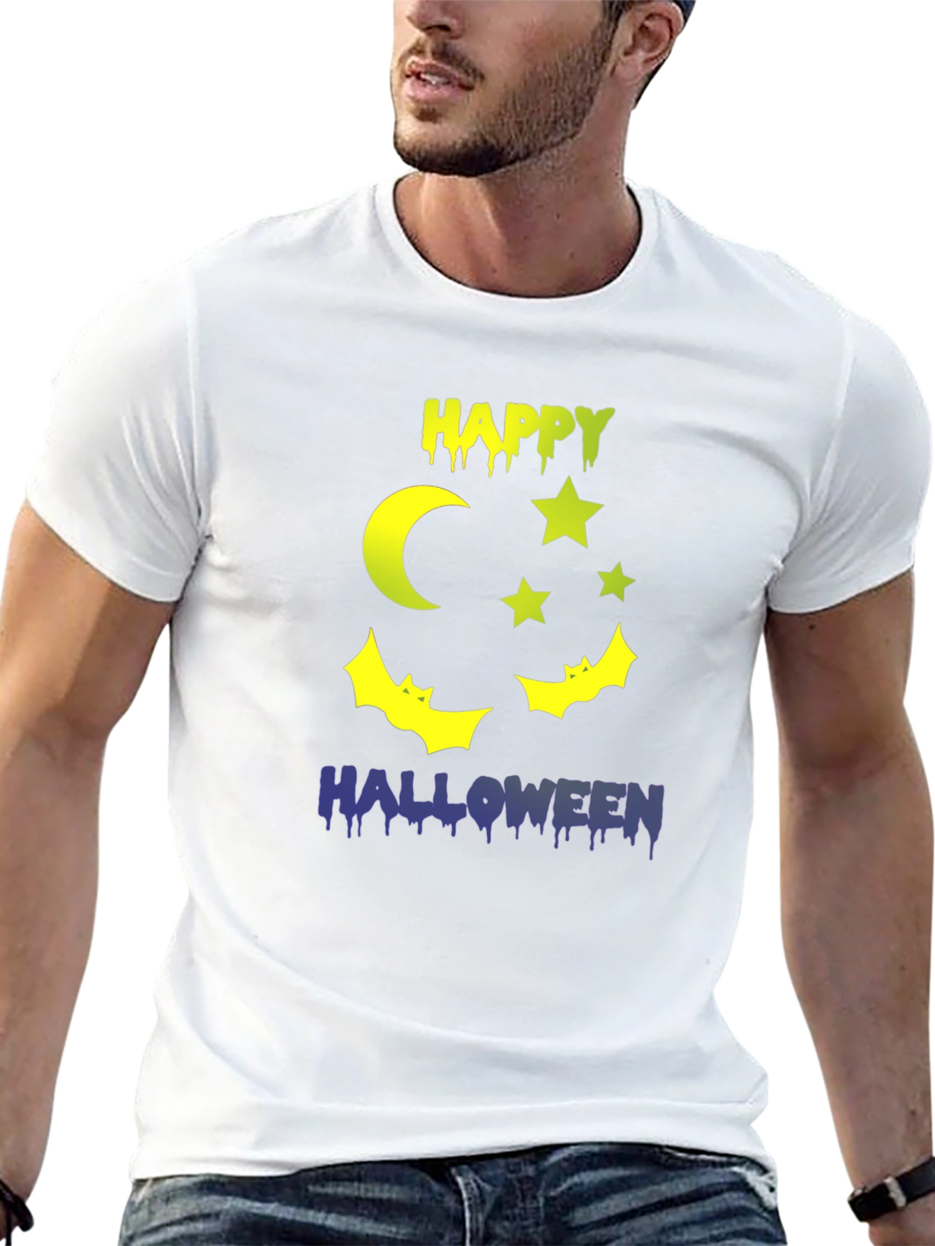 Happy Halloween T-Shirt Moon Stars & Bats Design