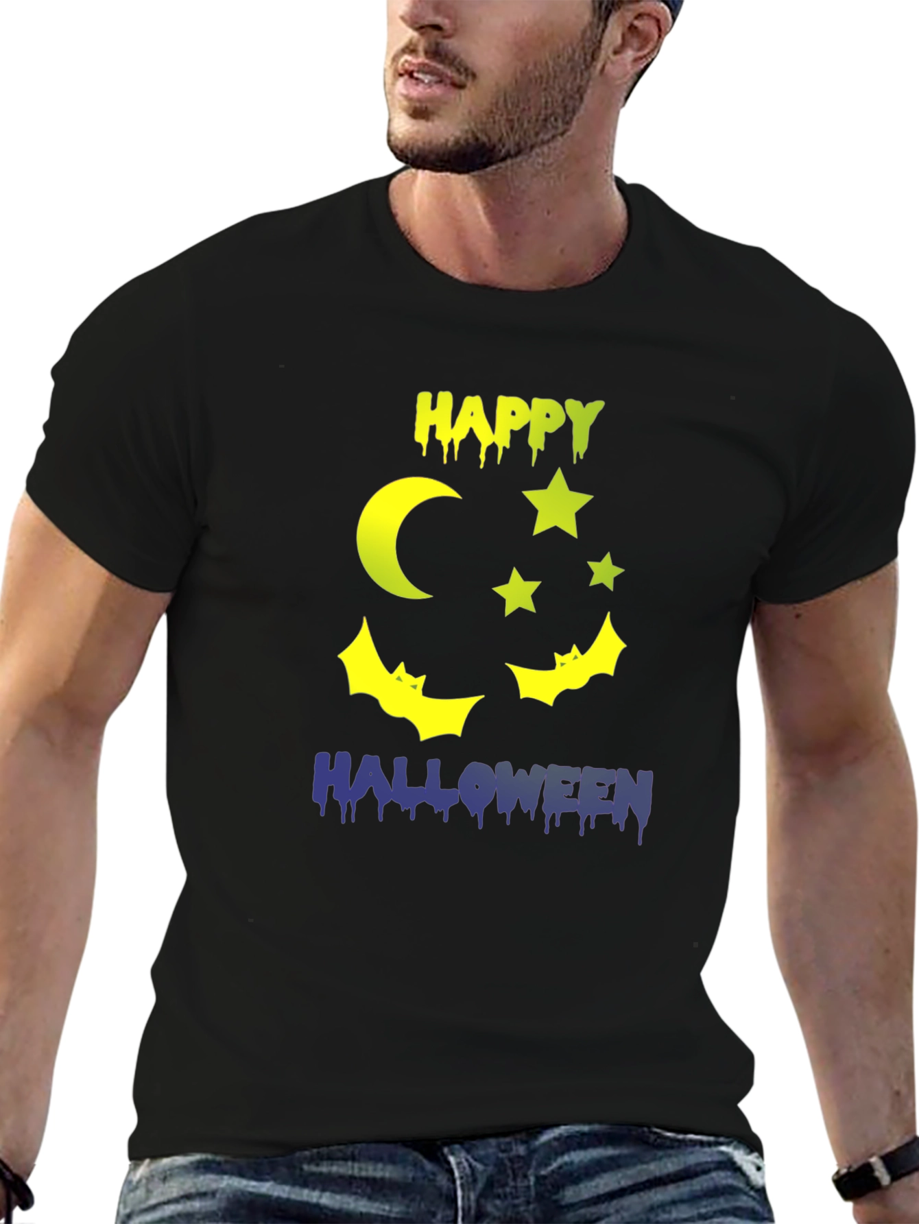 Happy Halloween T-Shirt Moon Stars & Bats Design